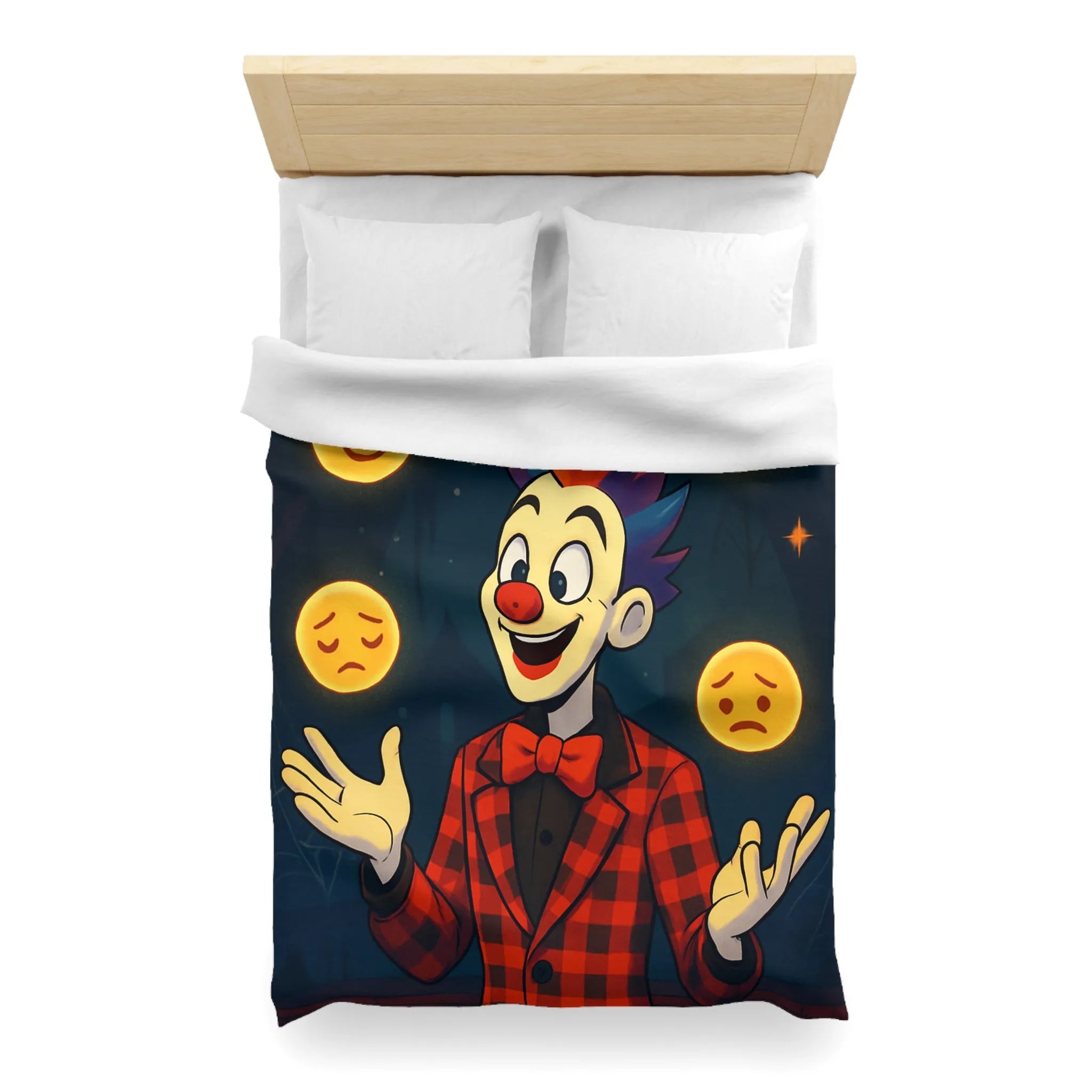 Housse de couette clown coloré dans un cirque avec émojis expression faciale variée
