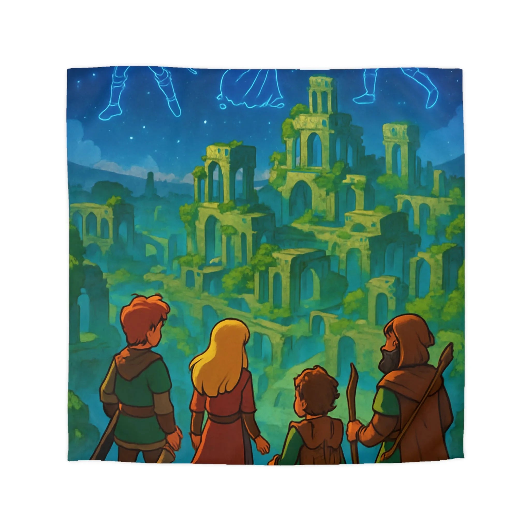 Housse de couette épique aventure héros, ruines magiques sous ciel étoilé lumineux