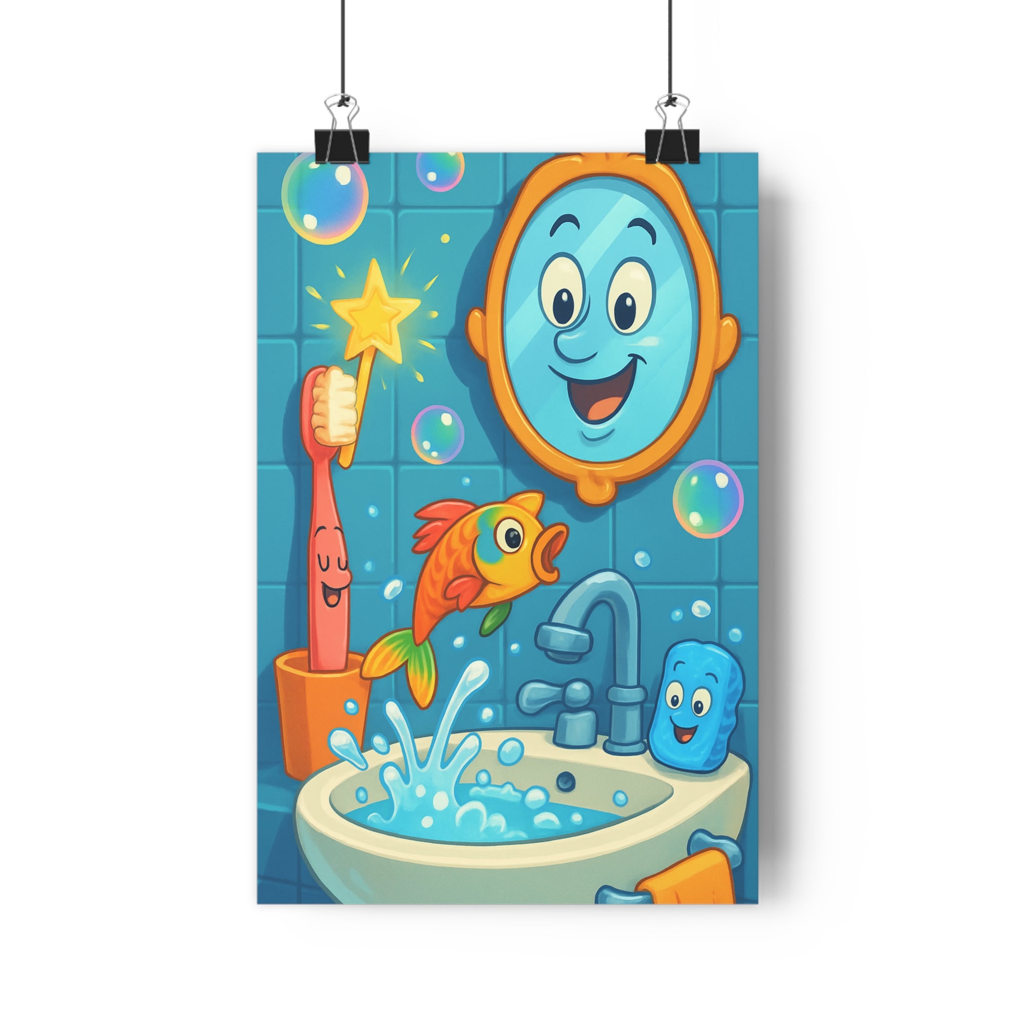Poster décoratif salle bain dessin animé aventure joyeuse bleu orange jaune moderne enfant vibrant