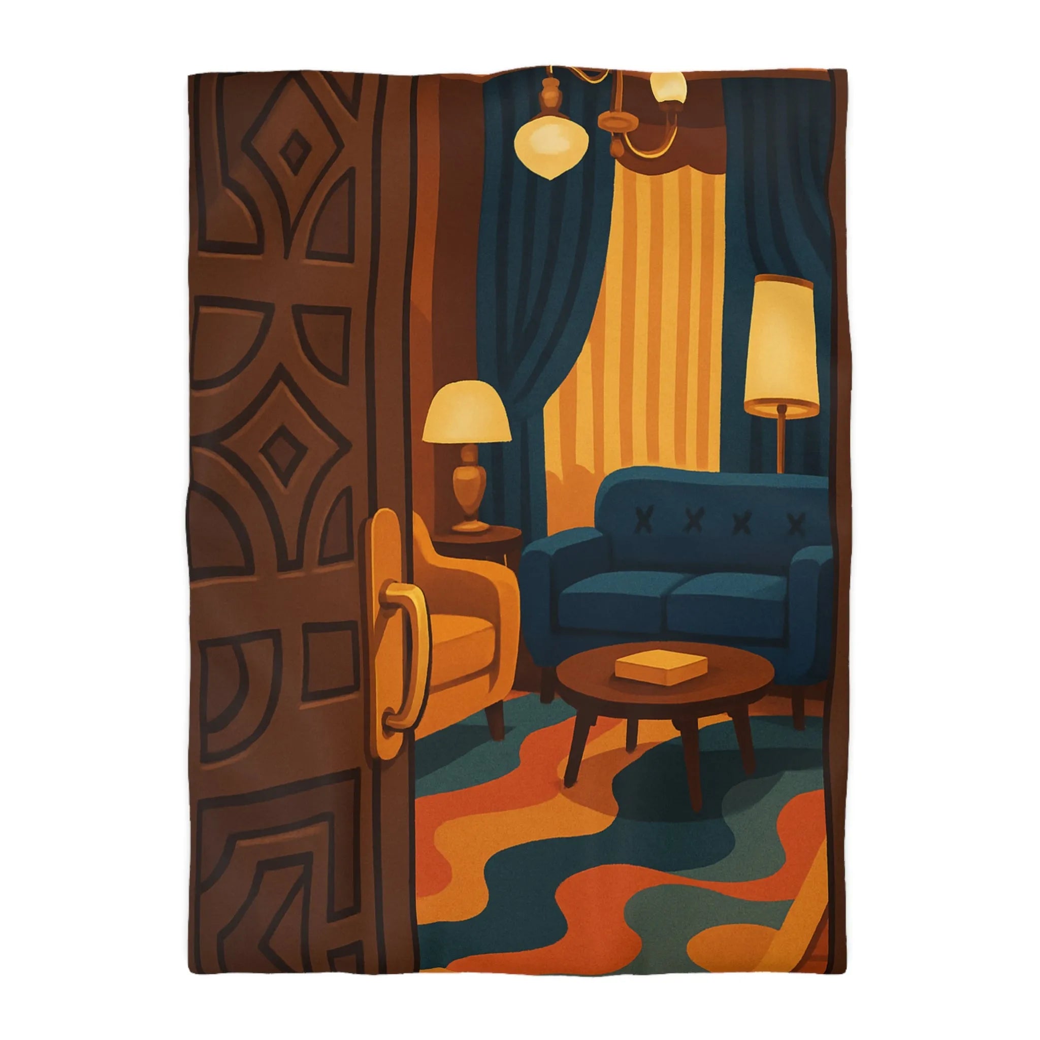 Élégante chambre rétro avec fauteuils modernes et rideaux en velours bleu nuit