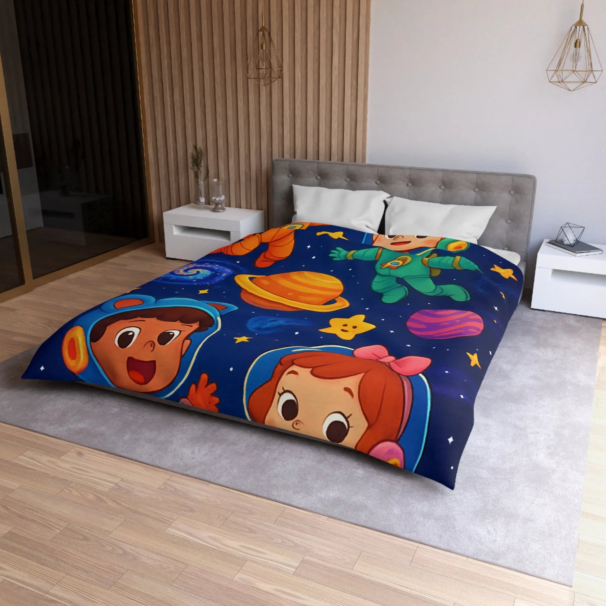 Housse de Couette Enfant : Aventure Cosmique avec Astronautes et Étoiles Colorées Stylisées