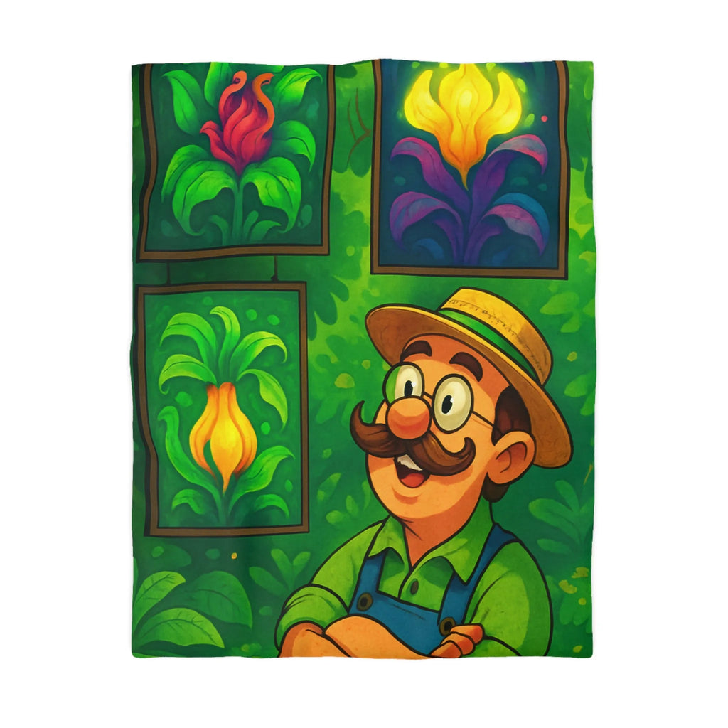 "Housse de Couette Motif Tropical avec Fleurs Exotiques et Jardinier Heureux Illustré"