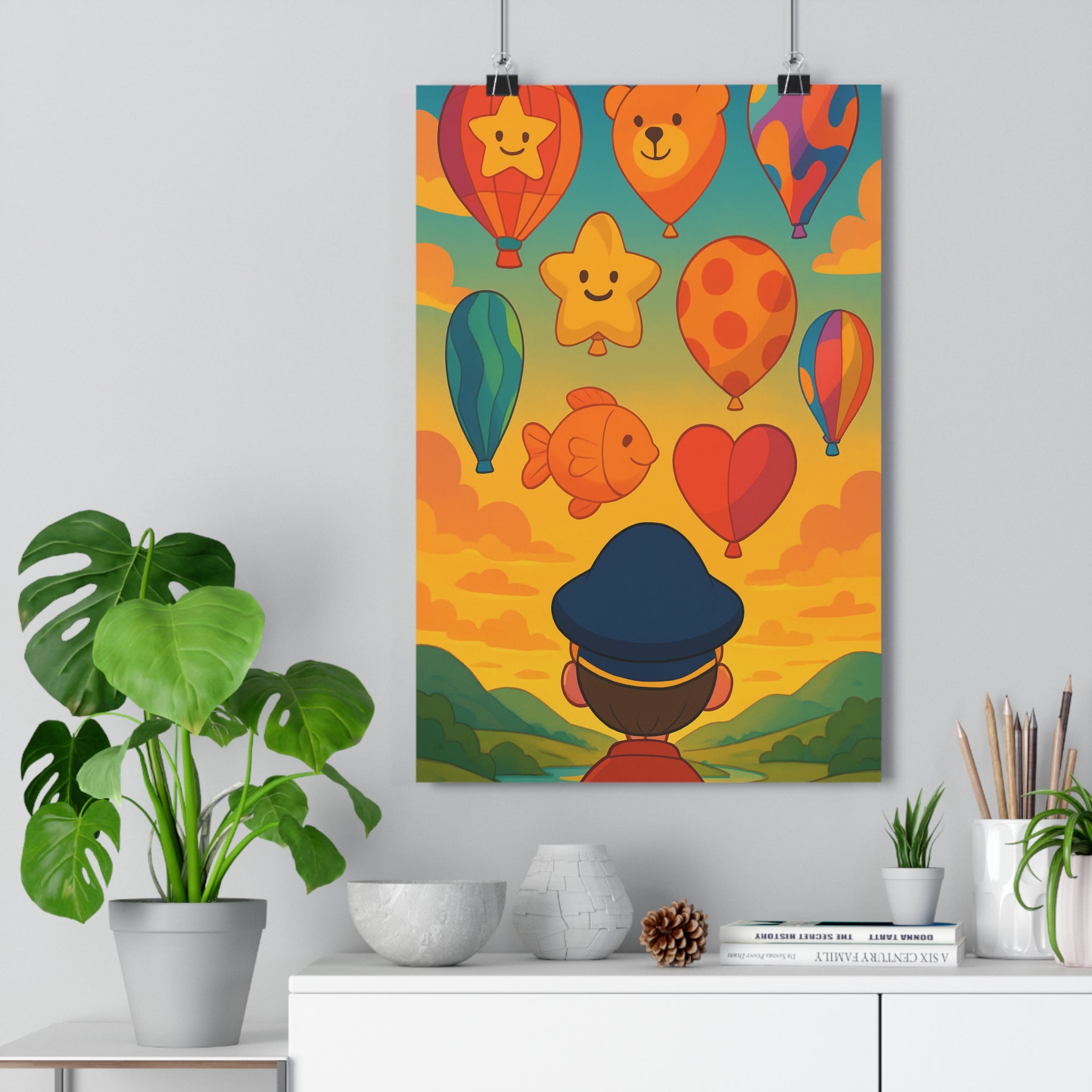 Poster décoratif coloré illustration joyeuse ciel montgolfières enfant chambre vibrant coucher soleil collines qualité