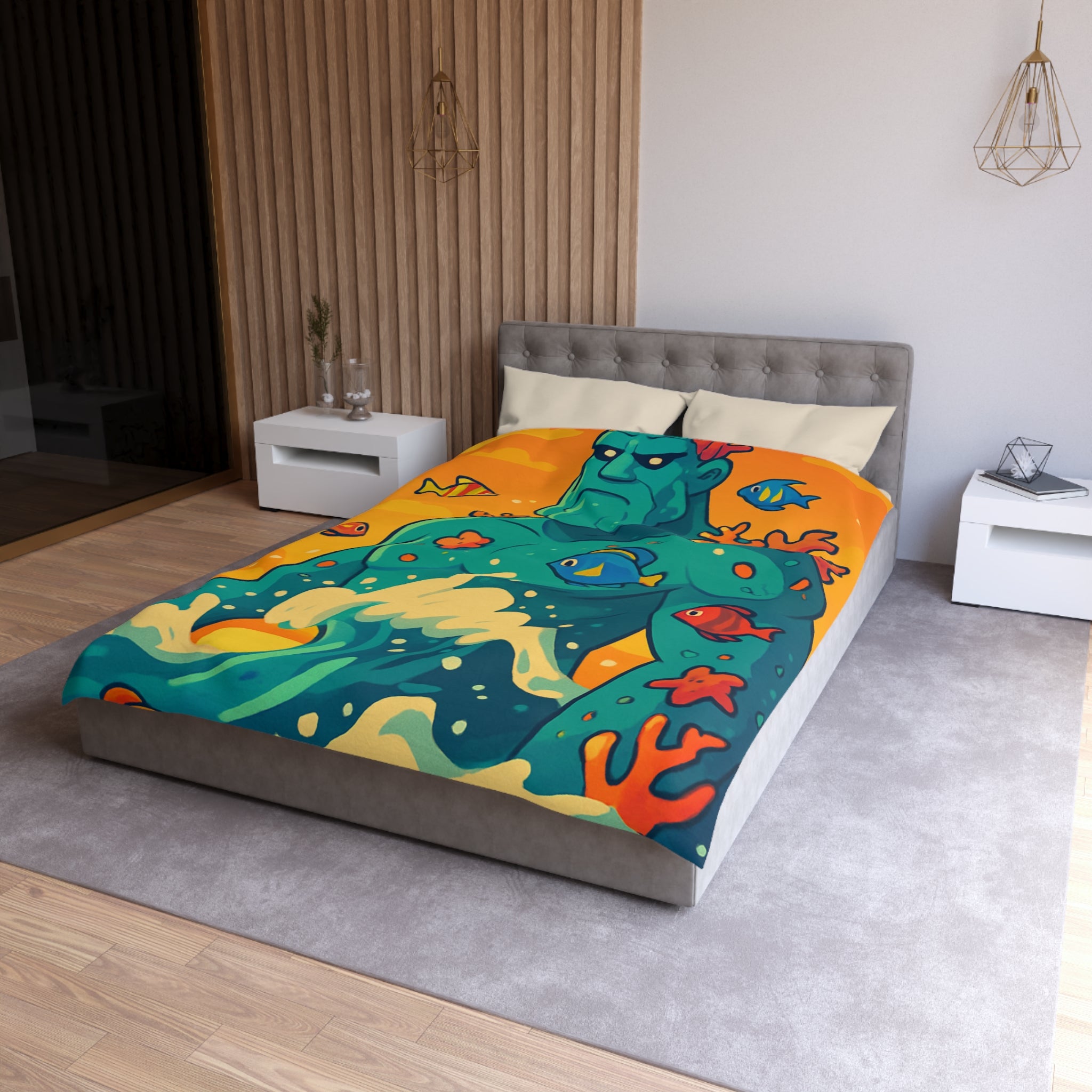Housse de Couette Océanique avec Illustration Vibrante de Neptune et Poissons Multicolores