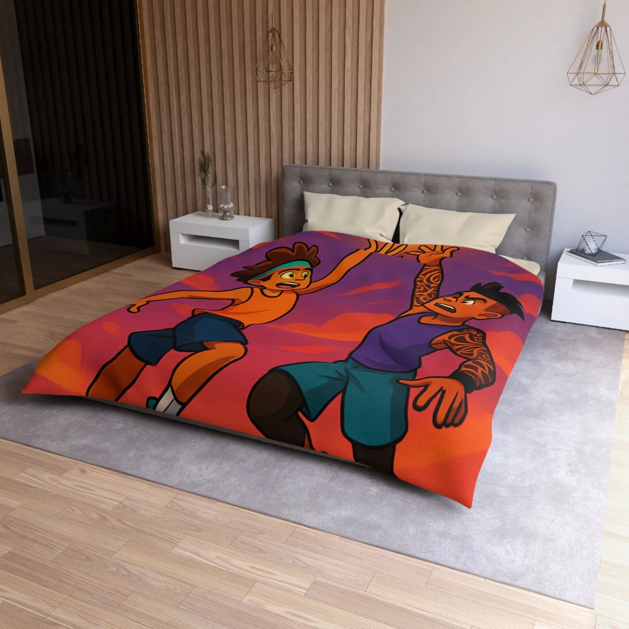 Housse de couette basketball, style dessin animé, coucher de soleil dynamique énergique