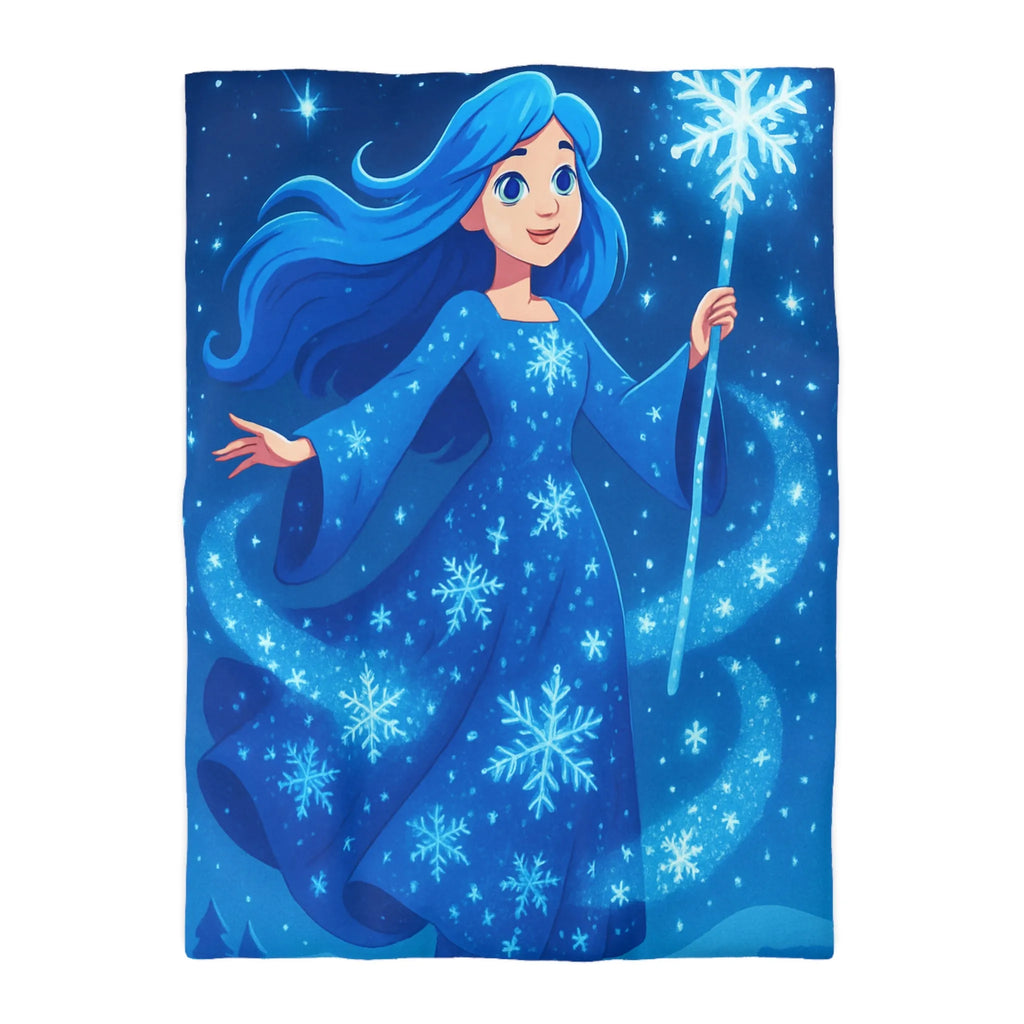 Housse de couette enfantine bleue avec fée magique dans ciel étoilé hivernal