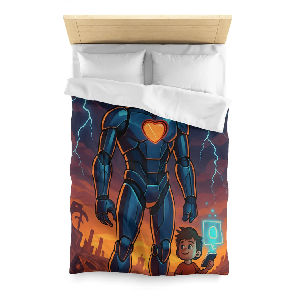 Housse de couette illustrée robot et enfant avec cœur lumineux et ciel orageux