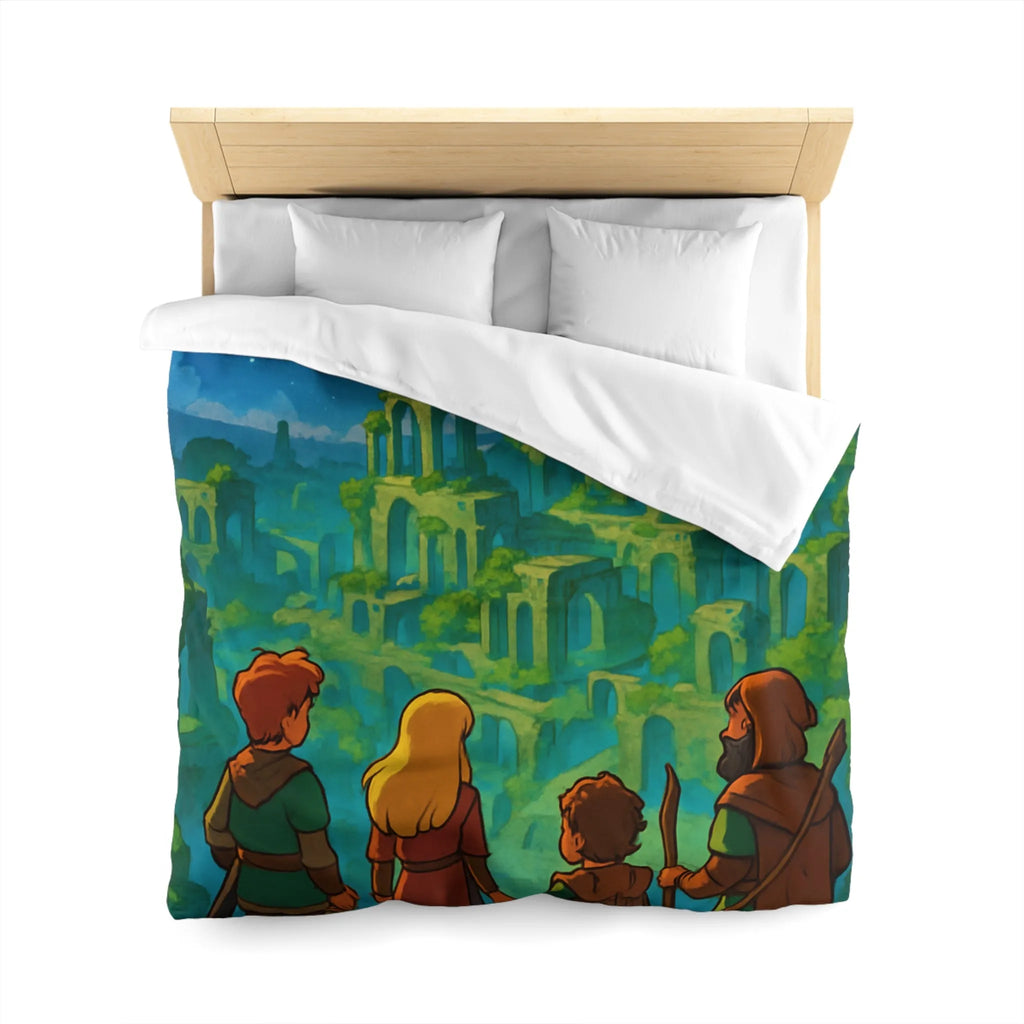 Housse de couette épique aventure héros, ruines magiques sous ciel étoilé lumineux