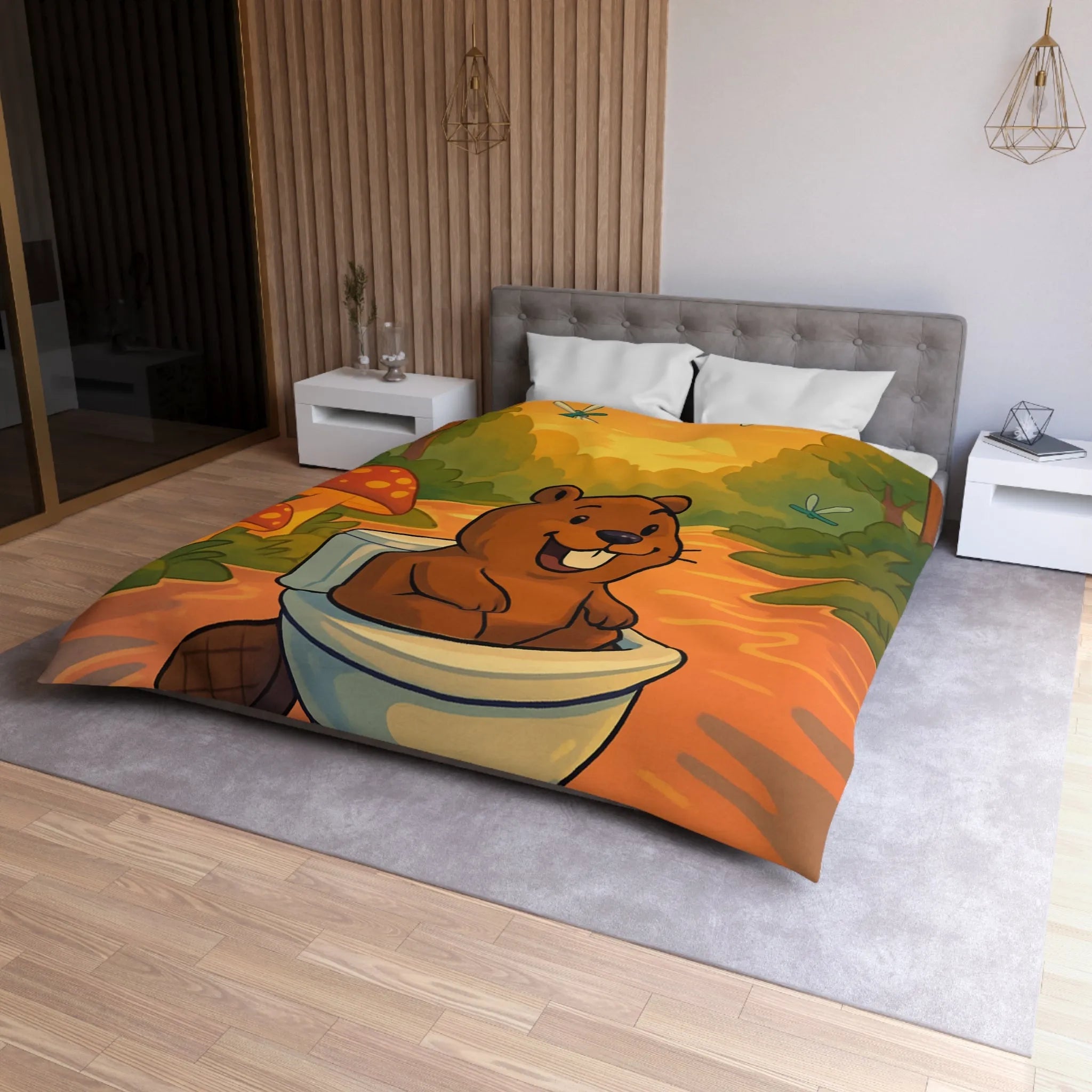 Housse de Couette Enfant Animée avec Castor Amusant et Paysage de Forêt Enchantée