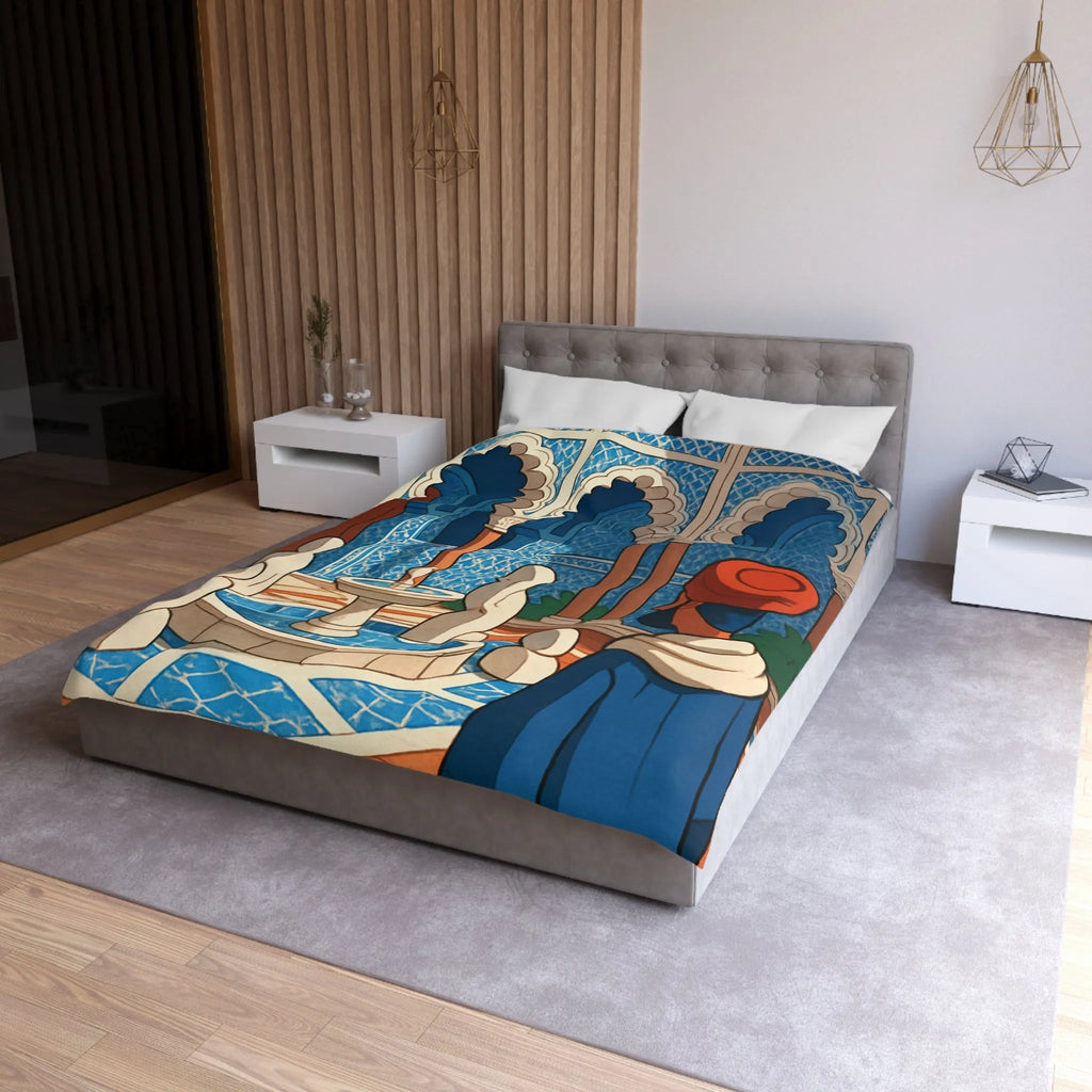 Housse de couette avec design marocain bleu, arches andalouses, fontaine et personnage paisible