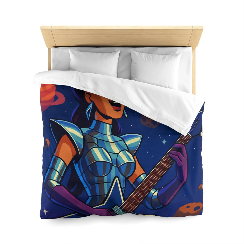 Housse de couette espace cosmique avec musicienne extraterrestre jouant de la guitare étoilée