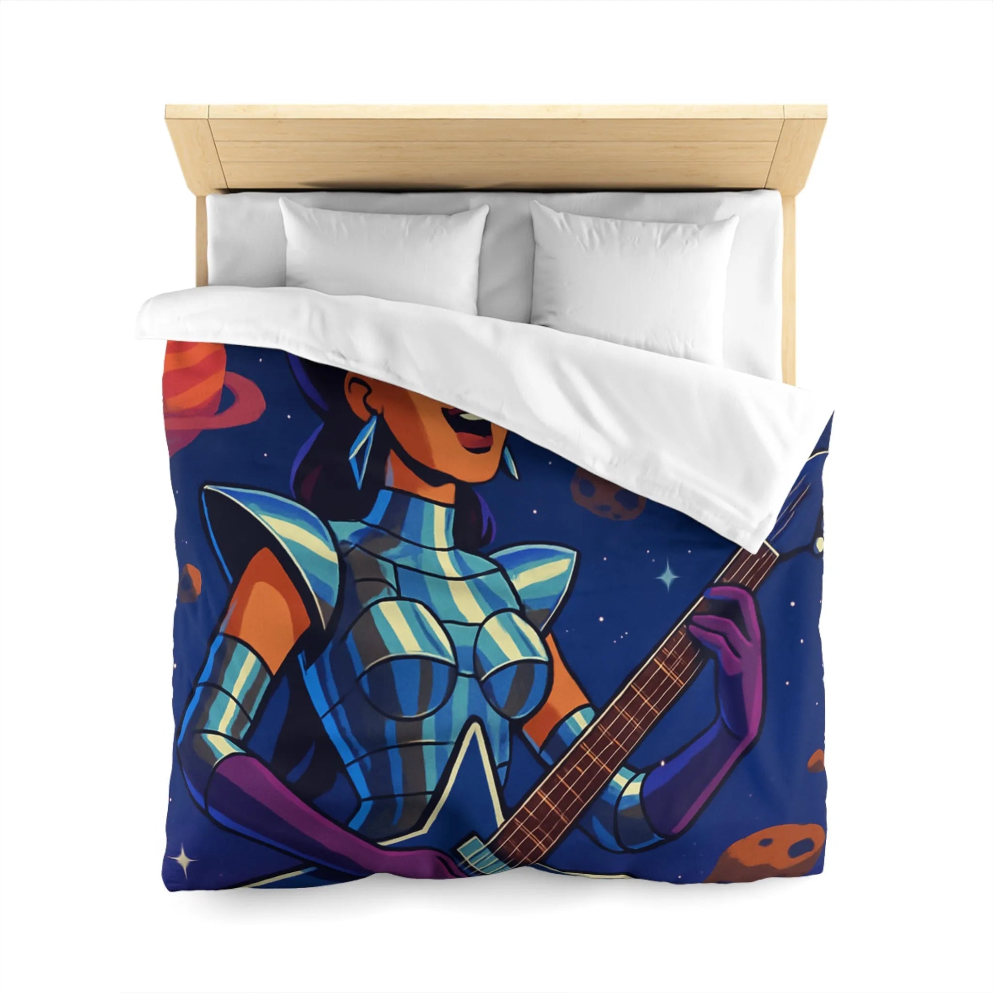Housse de couette espace cosmique avec musicienne extraterrestre jouant de la guitare étoilée