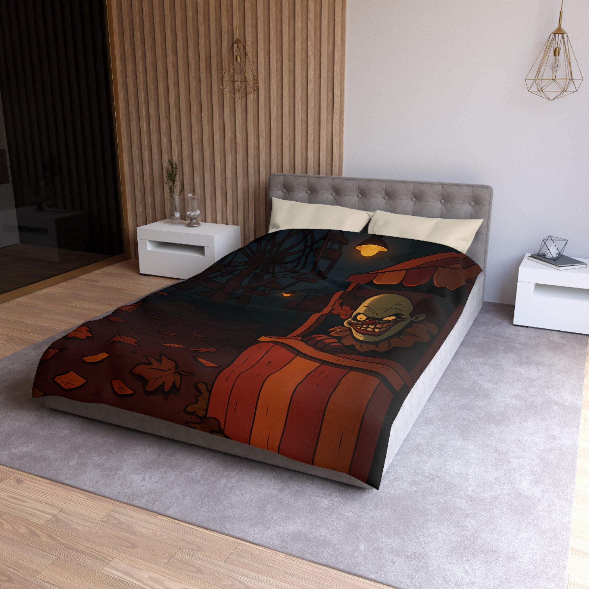 Housse de couette terrifiante avec clown sinistre et grande roue inquiétante la nuit