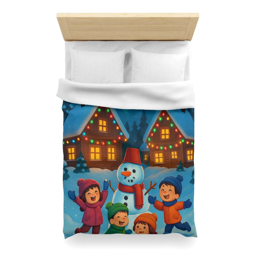 Housse de couette enfants avec design joyeux d'hiver, neige et cabanes éclairées