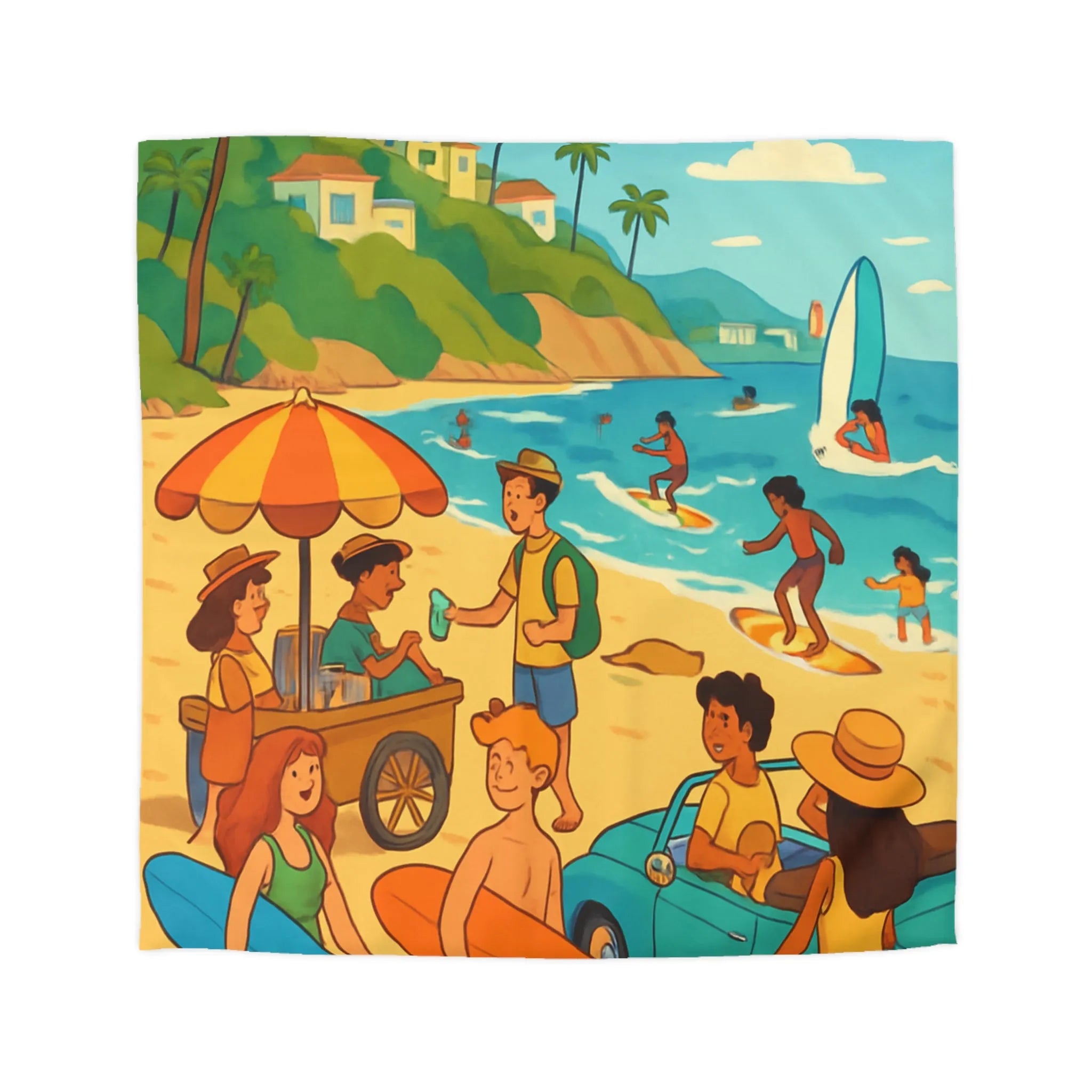 Housse de Couette Colorée avec Motifs de Plage Vintage, Surf et Été Tropical