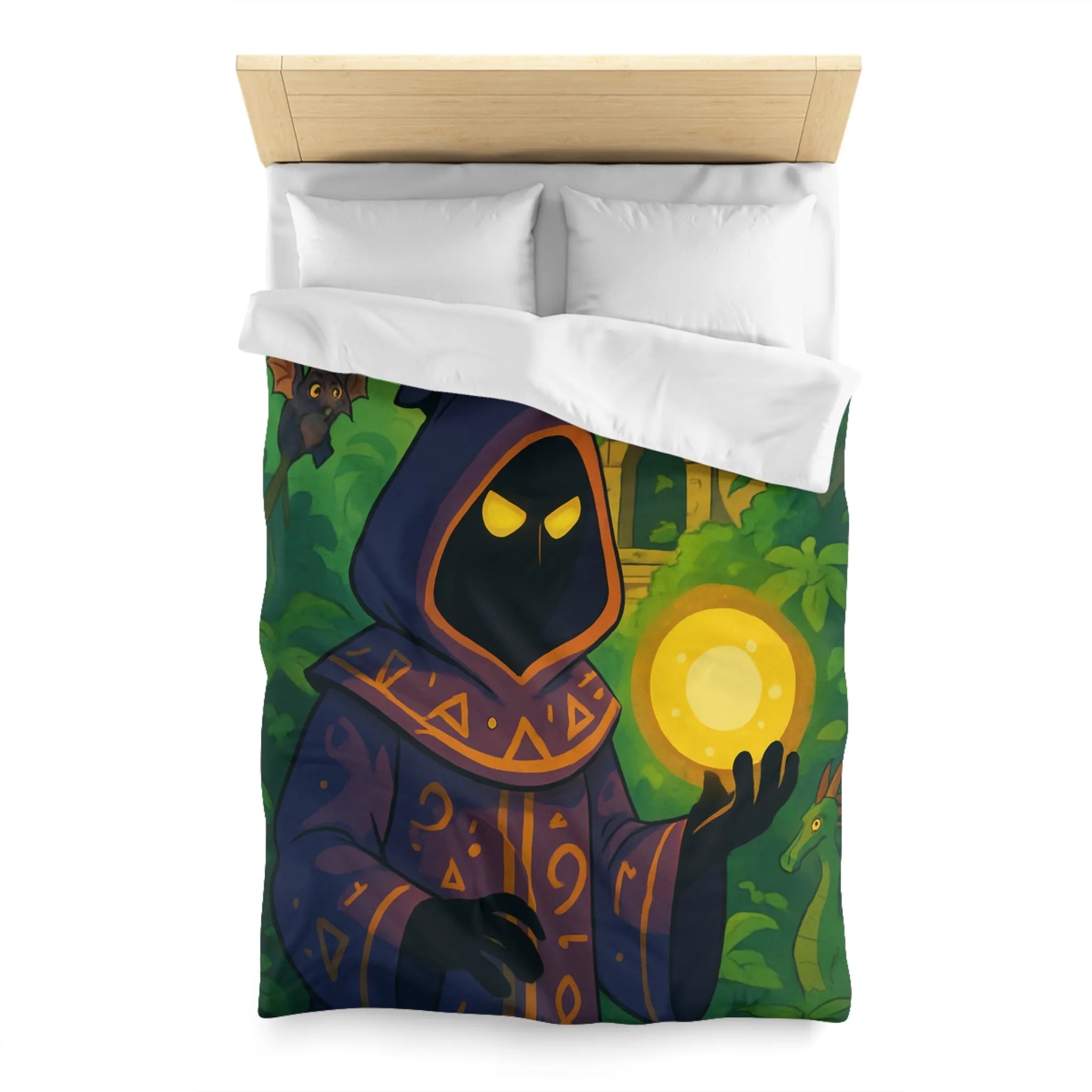 Housse de couette ambiance mystique avec mage sombre dans jungle énigmatique et temple ancien