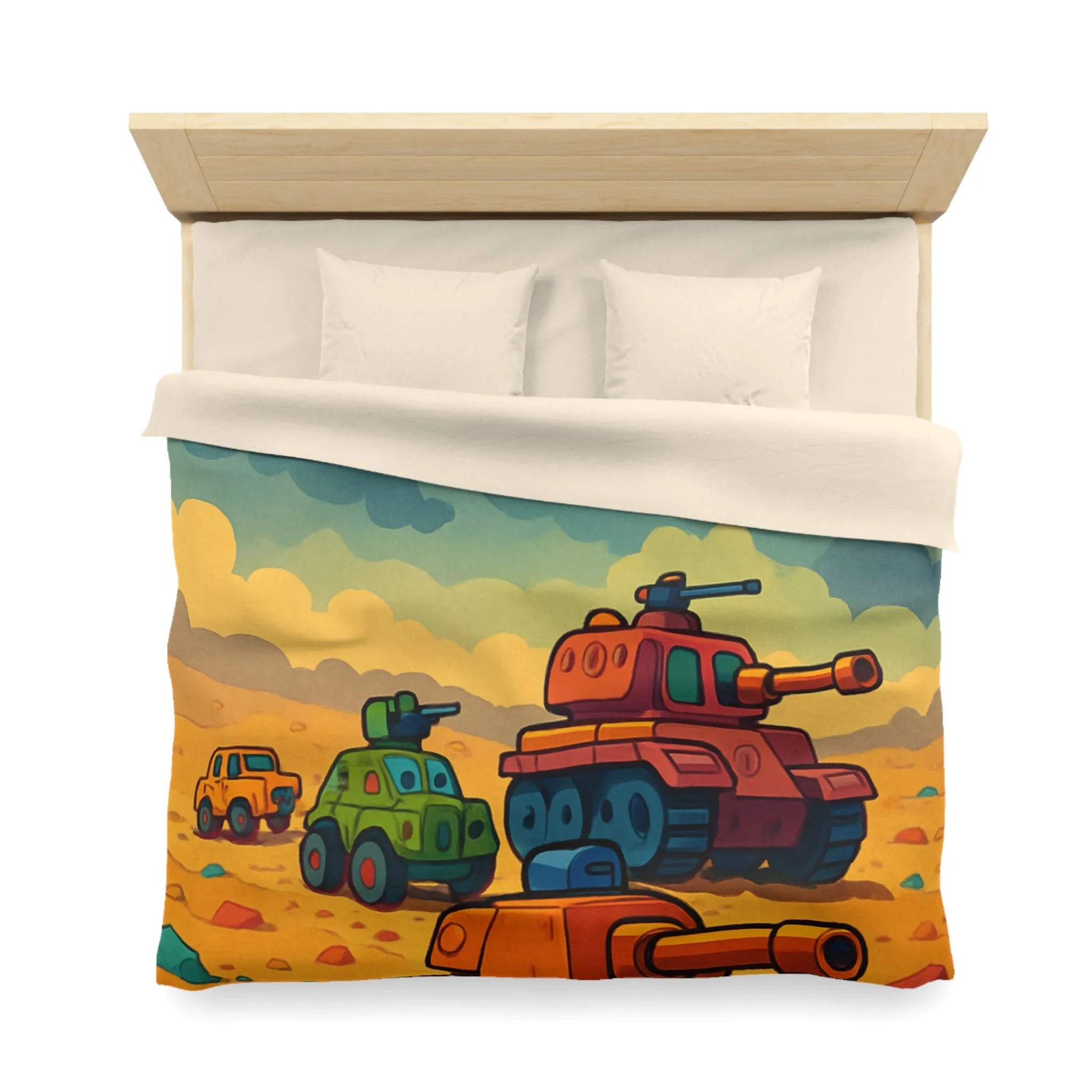 Housse de couette avec tanks colorés sur fond orageux pour chambre enfant unique