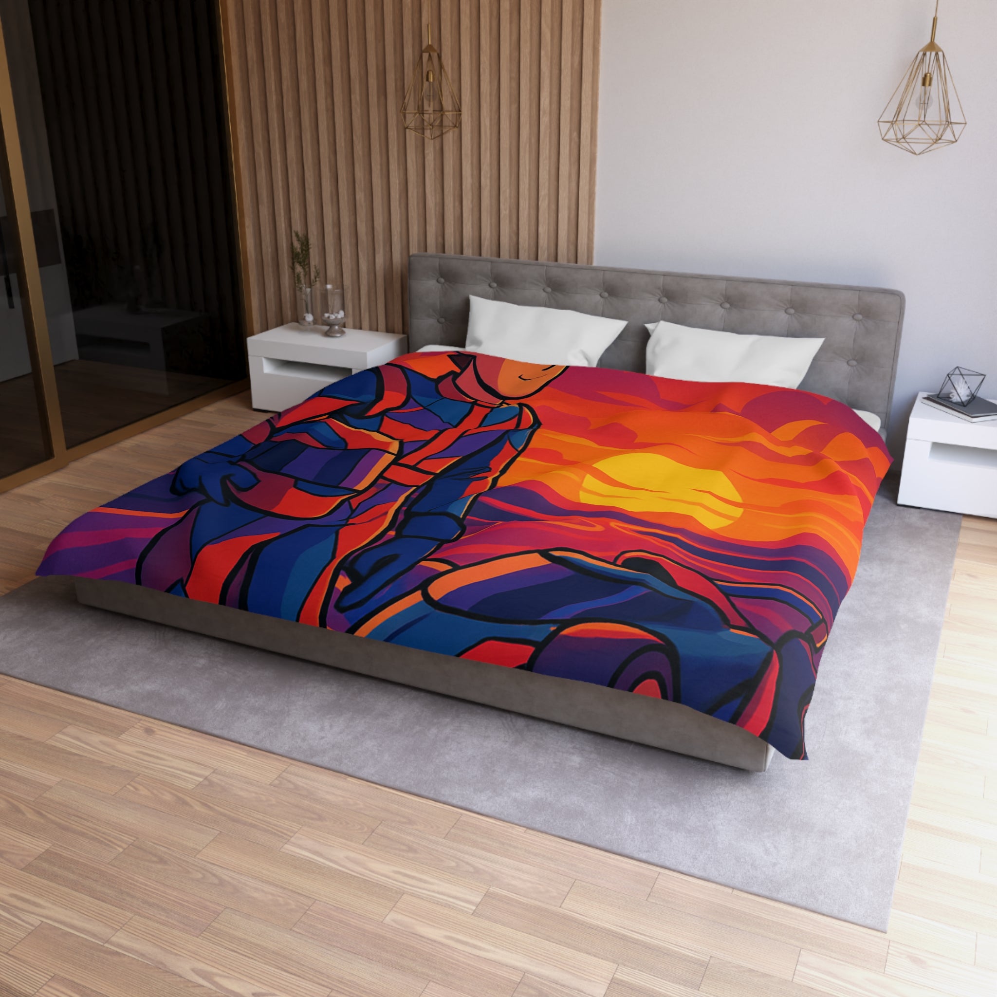 Housse de couette motif pilote de course et voiture au coucher du soleil vibrant
