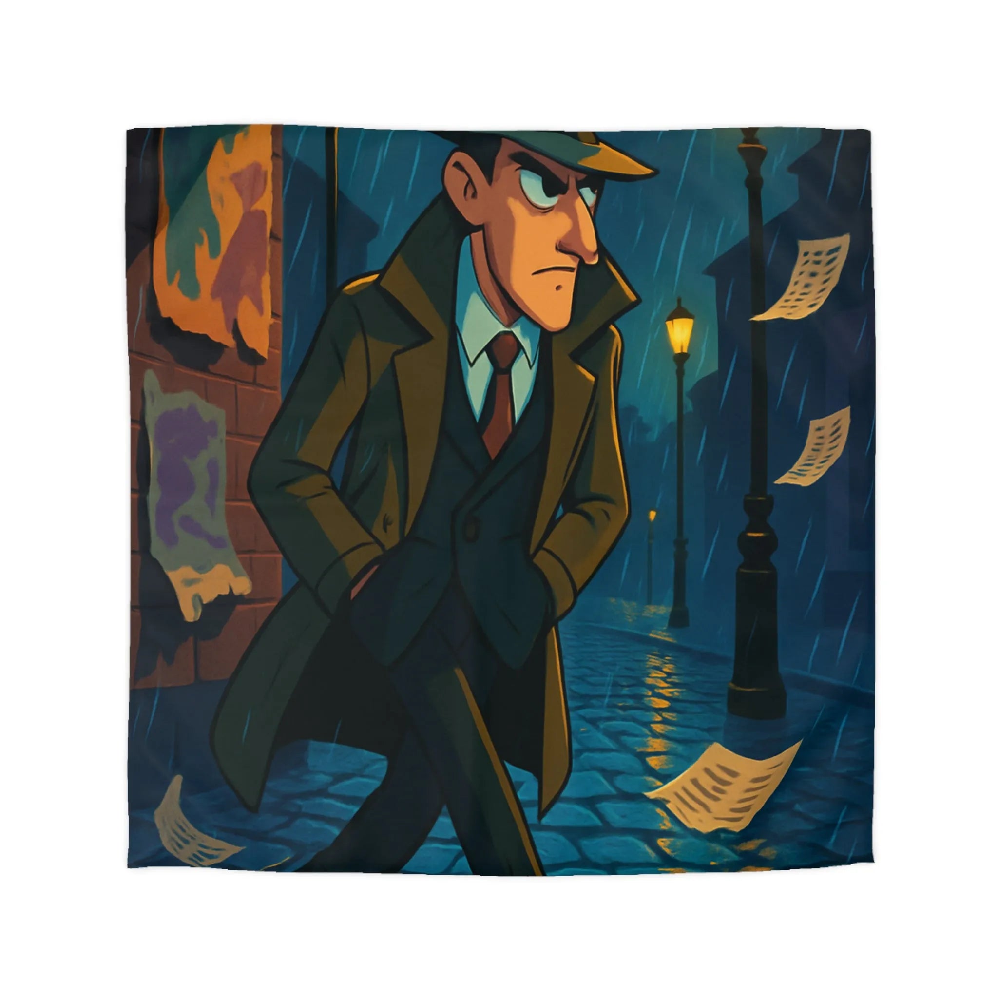 Housse de couette élégante avec détective mystérieux sous la pluie pour ambiance rétro