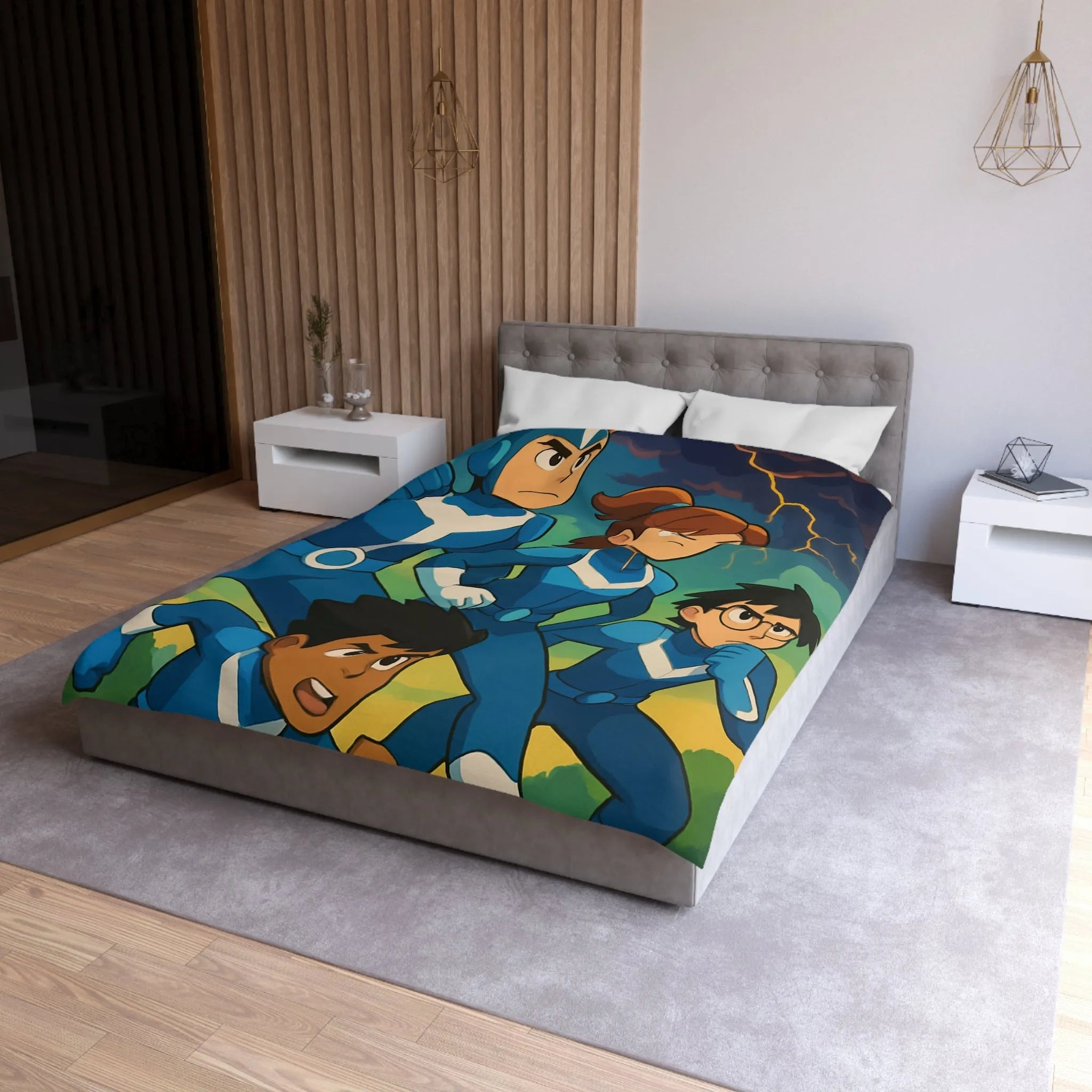 Housse de couette aventure : personnages animés et ciel orageux captivant pour chambre dynamique