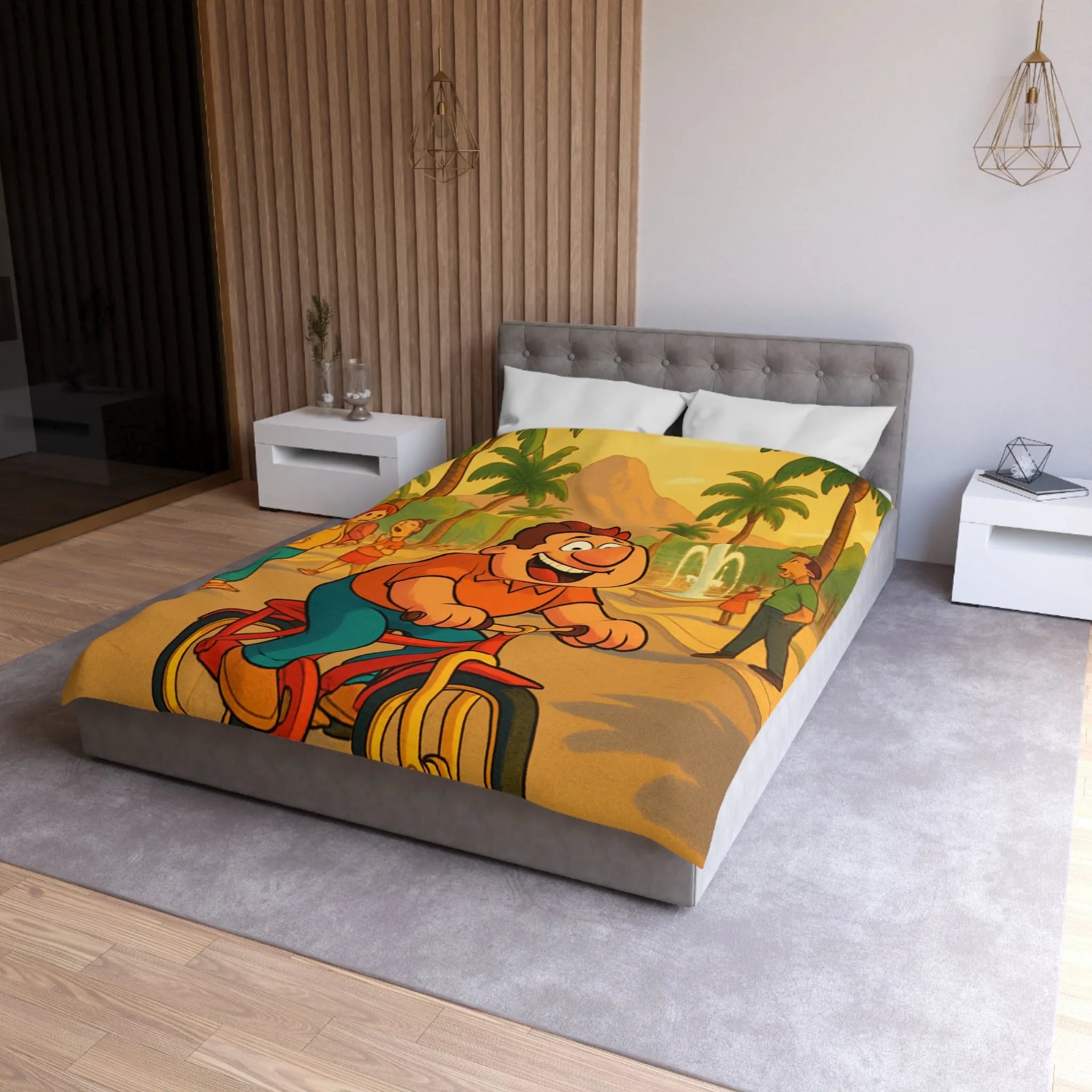 Housse de Couette Cartoon Joyeuse avec Cycliste dans un Parc Tropical et Fontaine