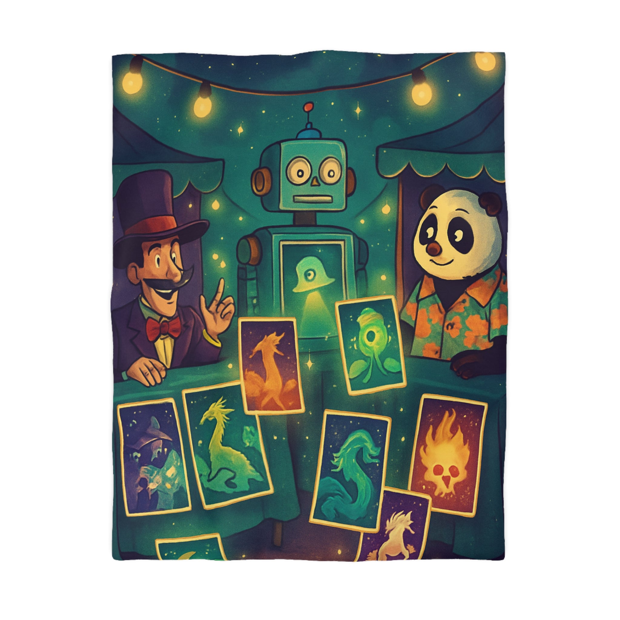 Housse de Couette Mystique avec Robot, Panda et Cartes Fantastiques Illuminées par Étoiles