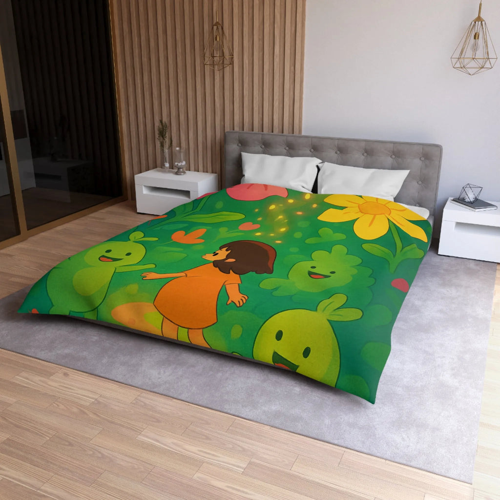 Housse de couette enfant avec fleurs colorées et créatures joyeuses dans forêt magique