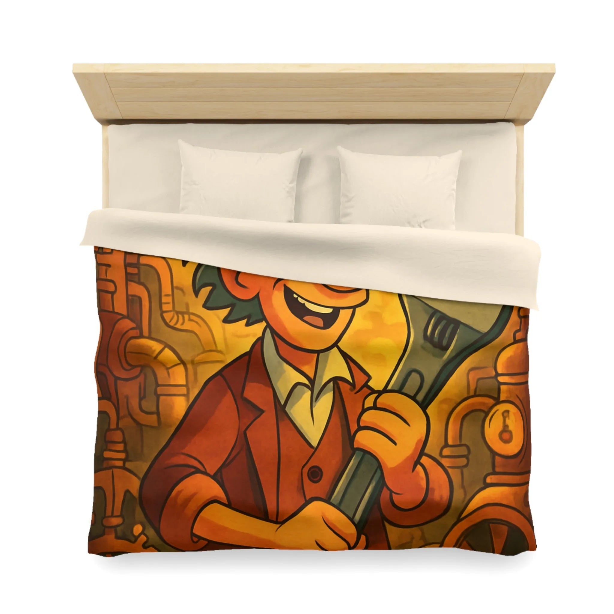 Housse de couette au style rétro avec inventeur animé dans un atelier coloré