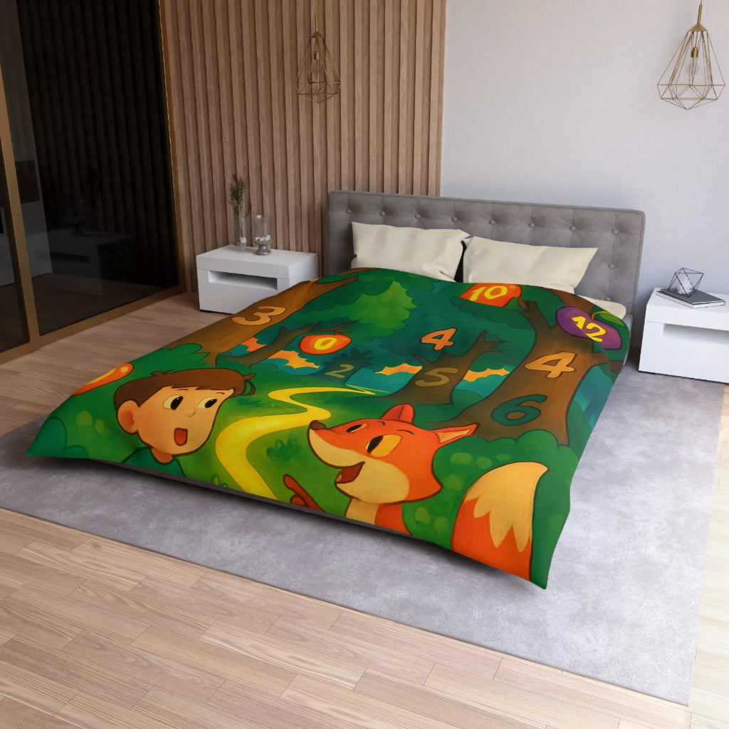 Housse de couette enfant colorée avec forêt magique, animaux et chiffres ludiques