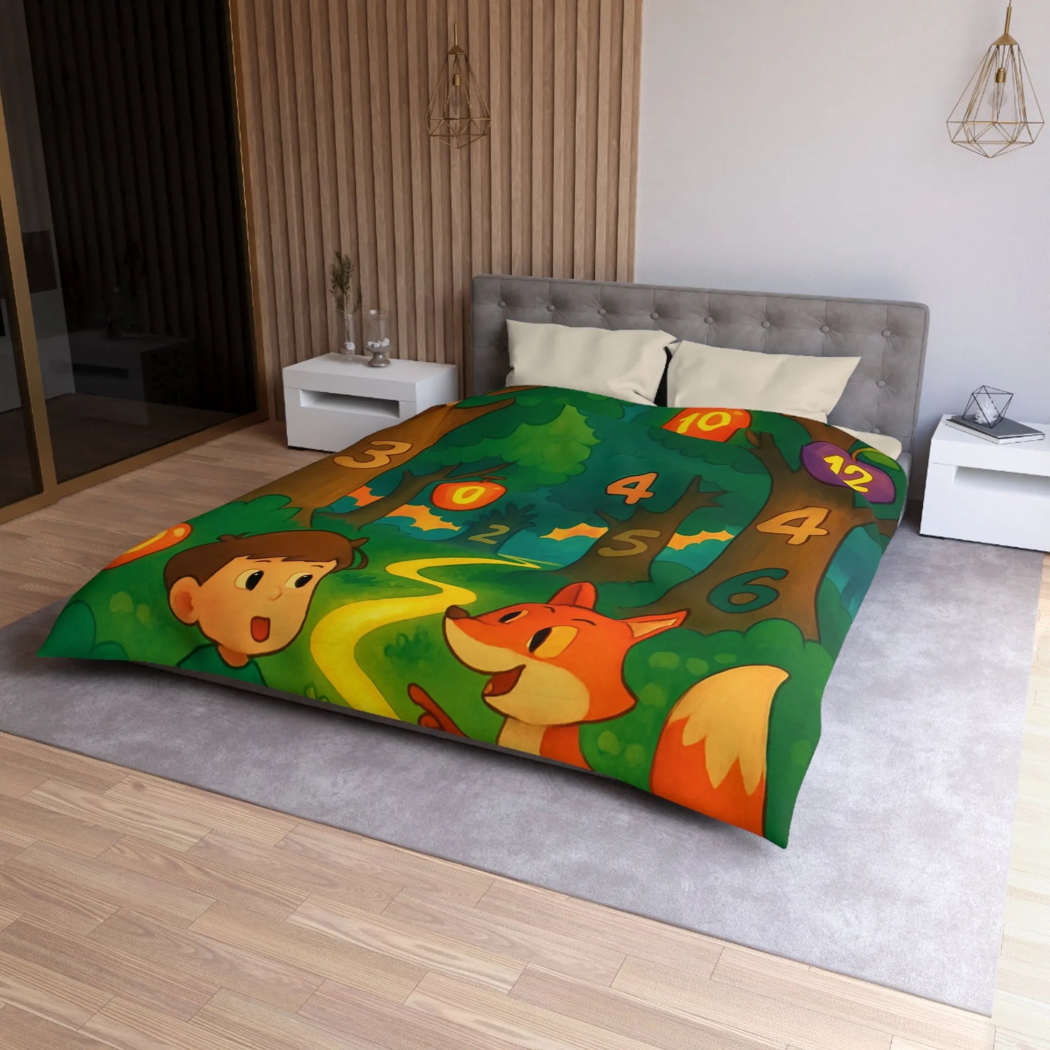 Housse de couette enfant colorée avec forêt magique, animaux et chiffres ludiques