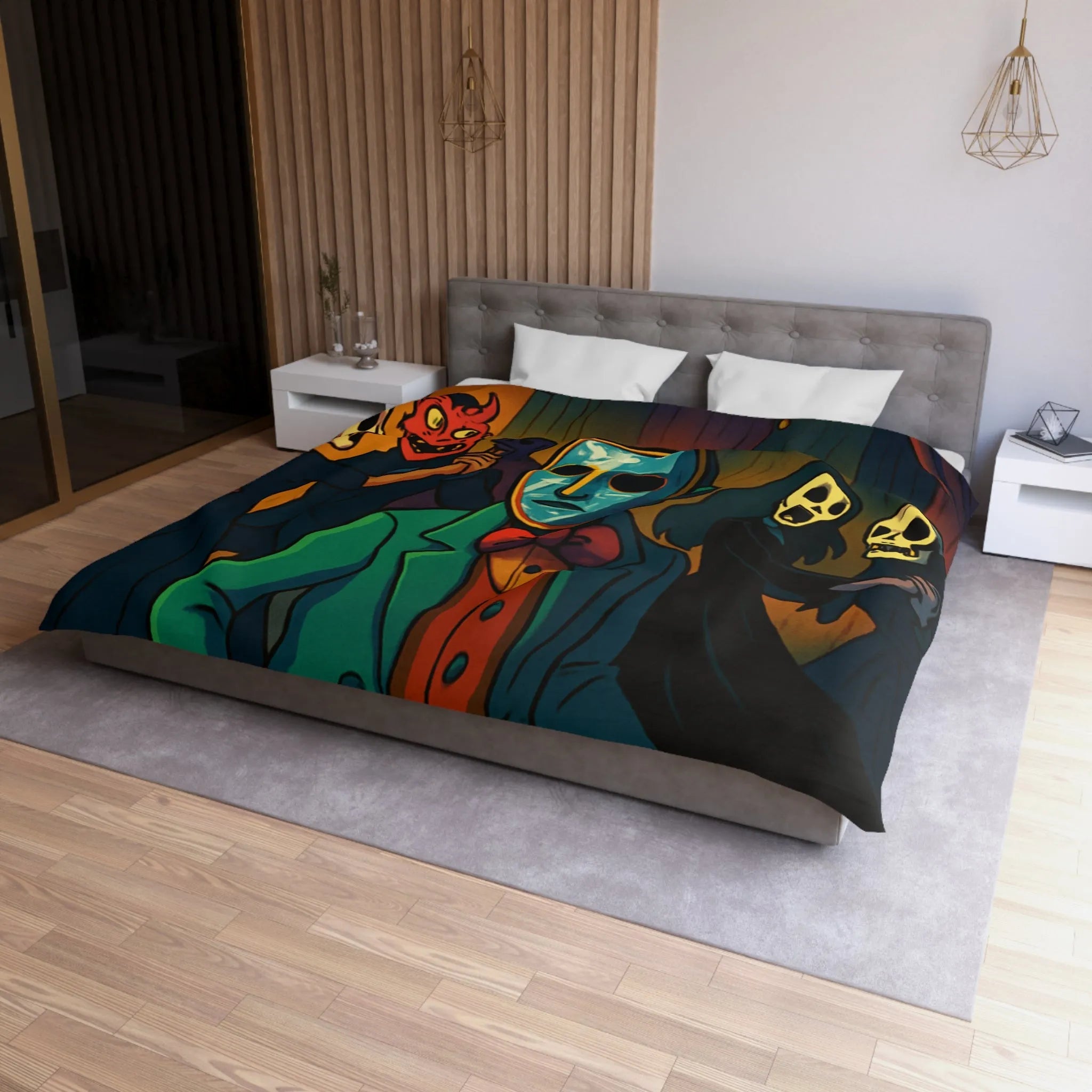 Housse de couette Halloween Bal masqué sombre, masques effrayants, ambiance mystérieuse unique