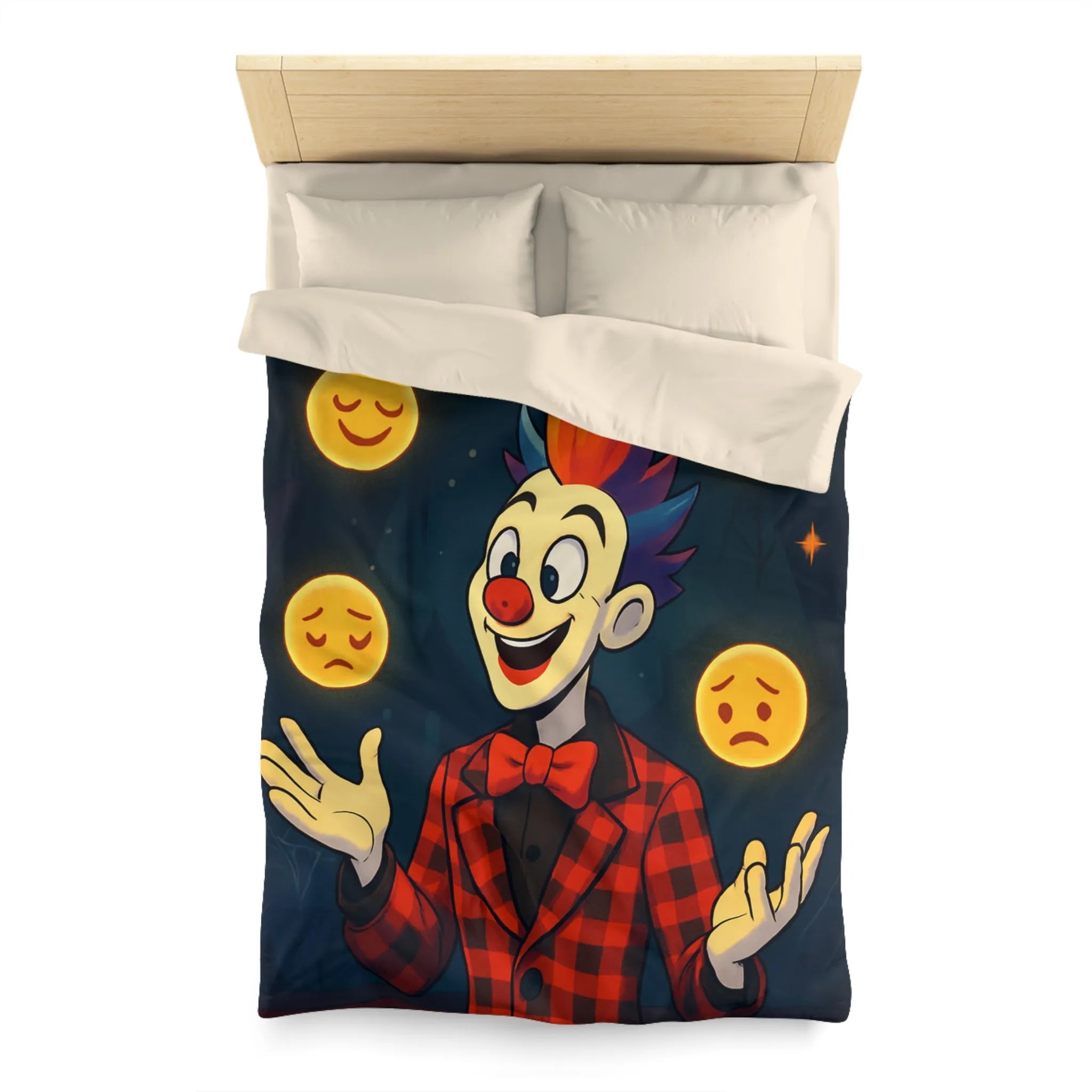 Housse de couette clown coloré dans un cirque avec émojis expression faciale variée