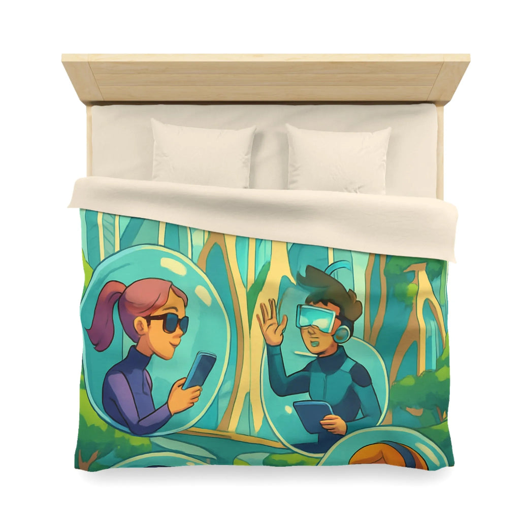 Housse de couette futuriste avec paysage urbain et personnages connectés en réalité augmentée