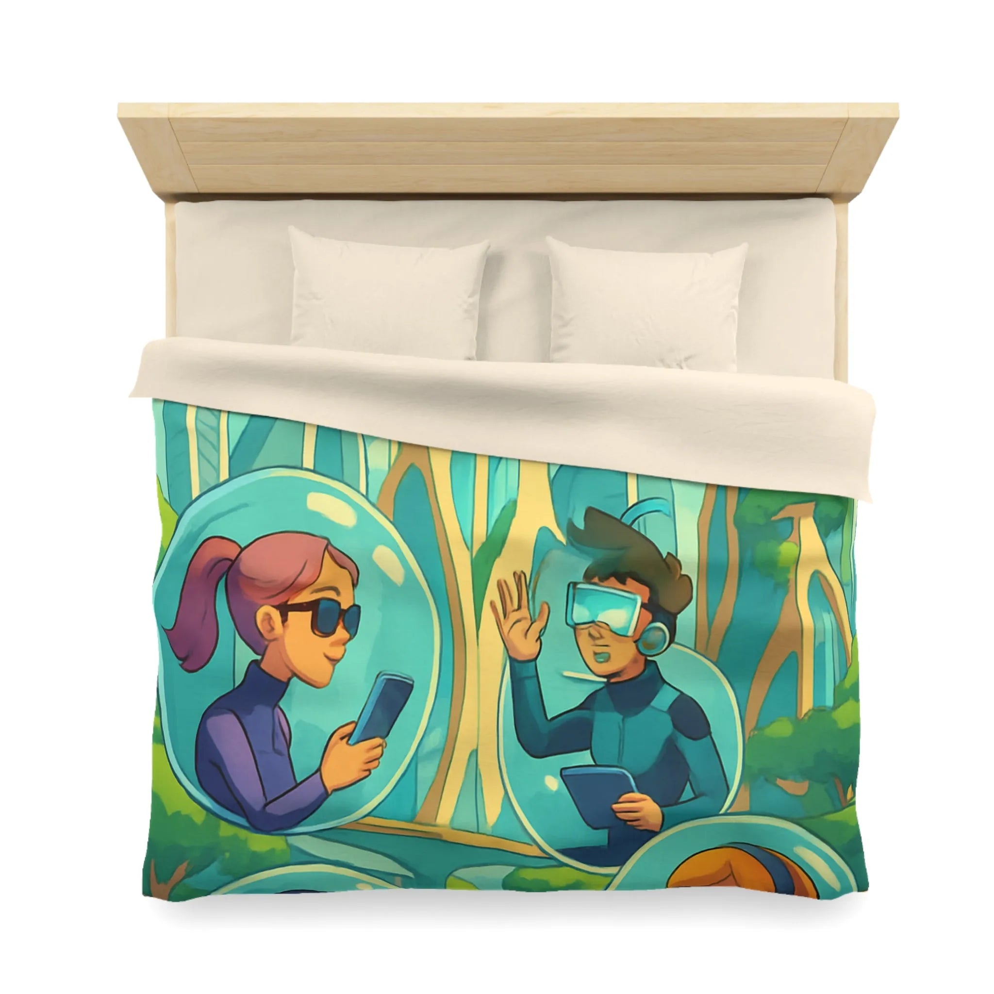 Housse de couette futuriste avec paysage urbain et personnages connectés en réalité augmentée