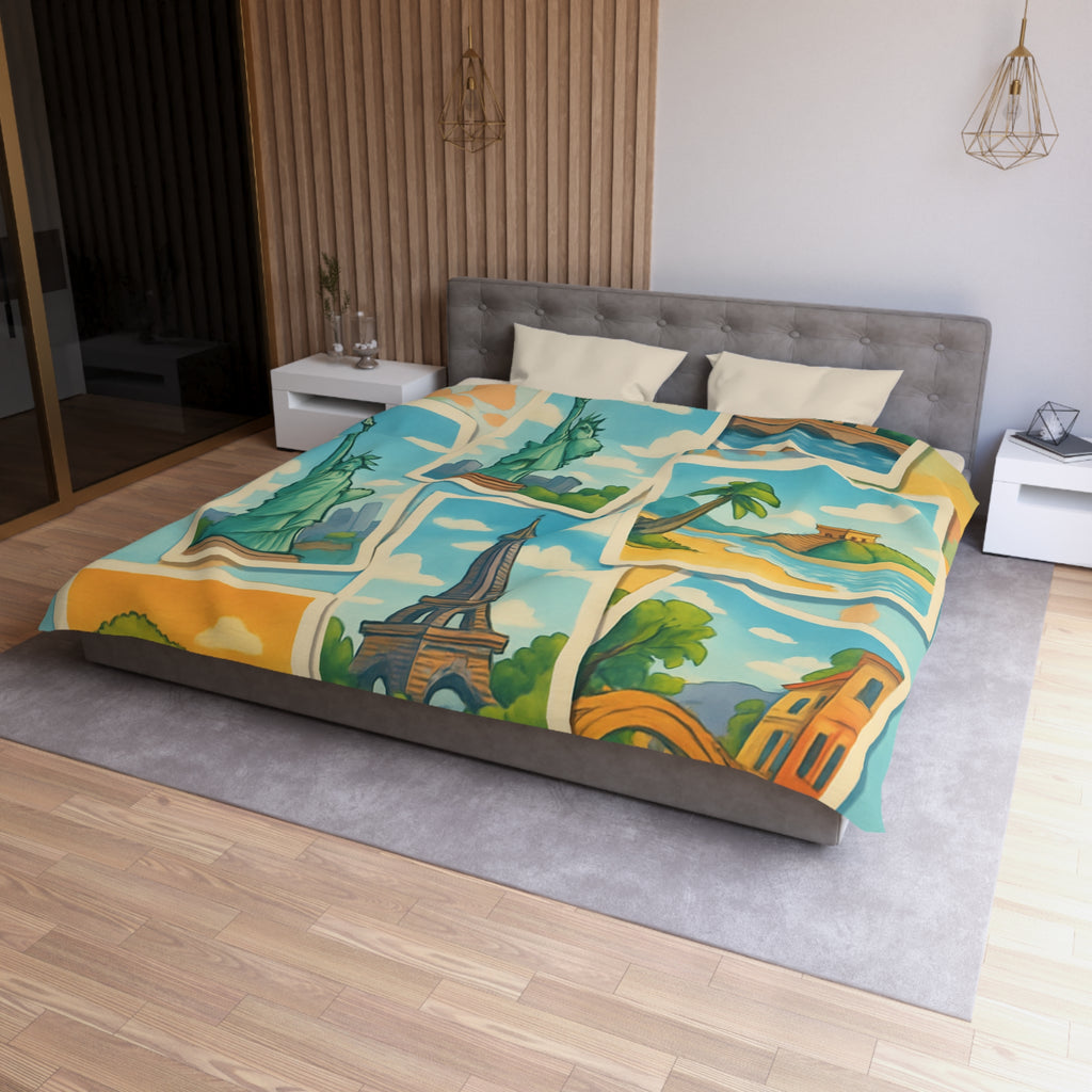 Voyage Mondial Coloré: Housse de Couette avec Monuments et Paysages Iconiques des Continents