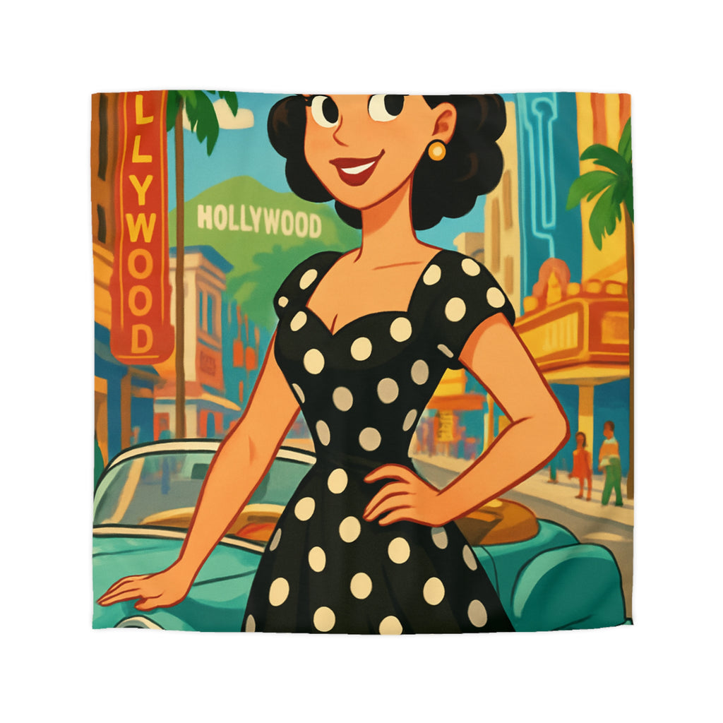 Housse de couette rétro Hollywood années 50 avec motifs de voitures vintage et palmiers