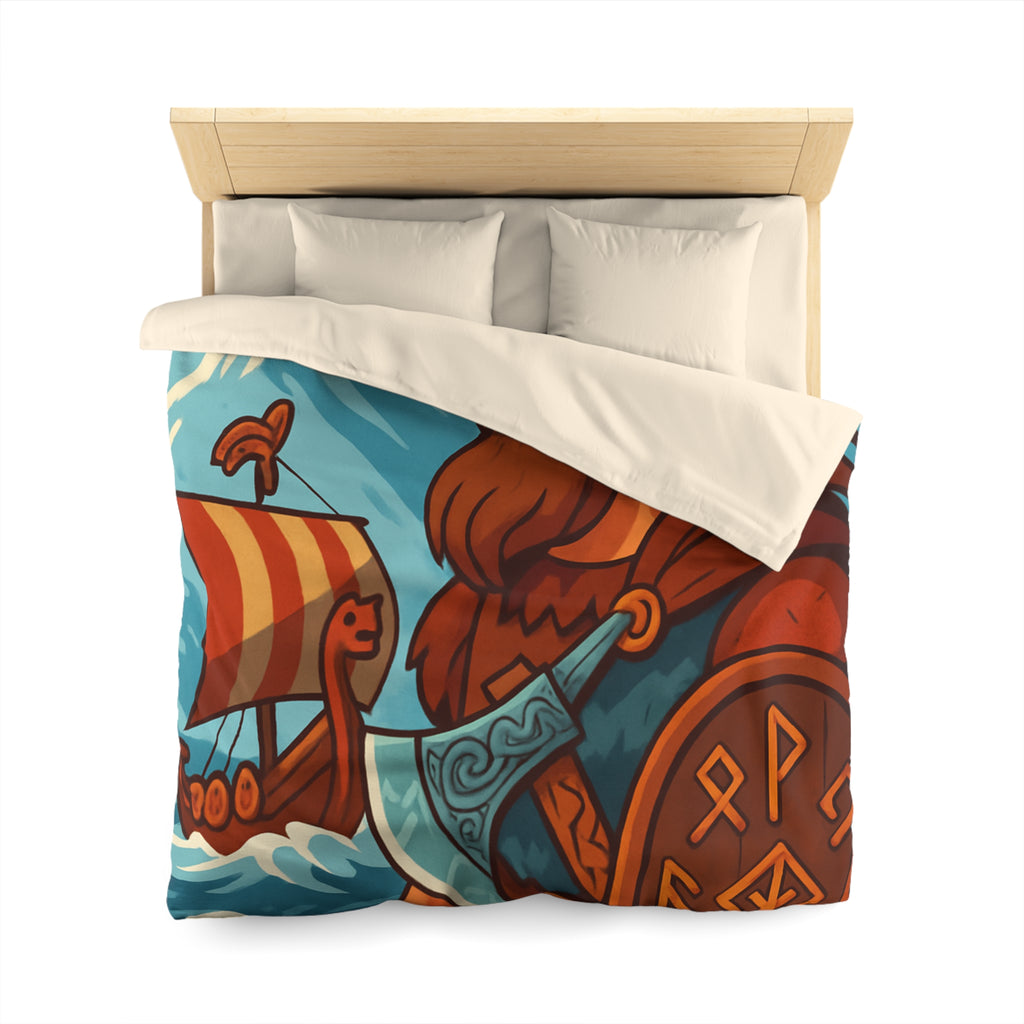 Housse de couette viking avec guerrier, montagne, navire, mer, motifs runiques