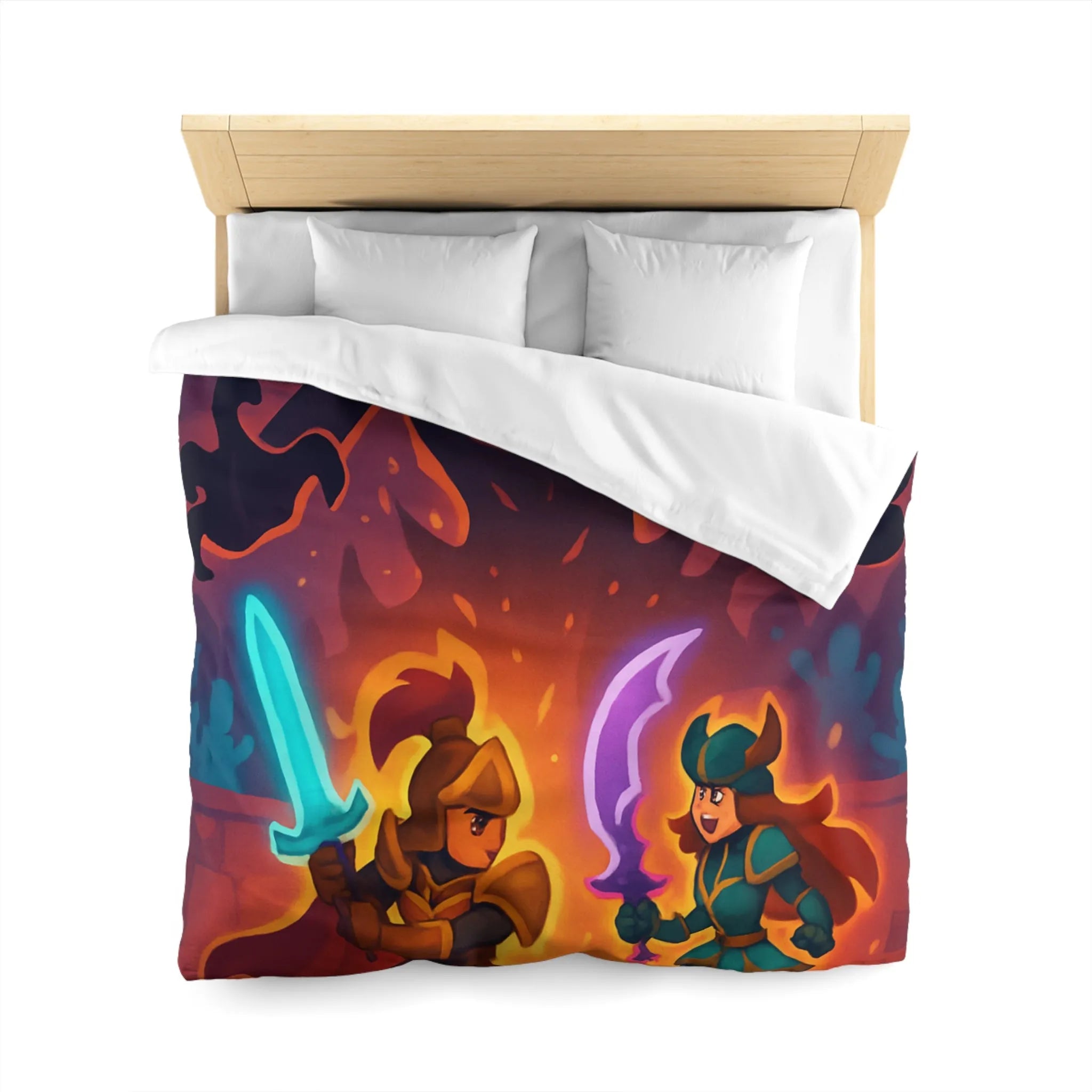 Housse de couette avec illustration fantasy de chevaliers affrontant ombre menaçante au théâtre
