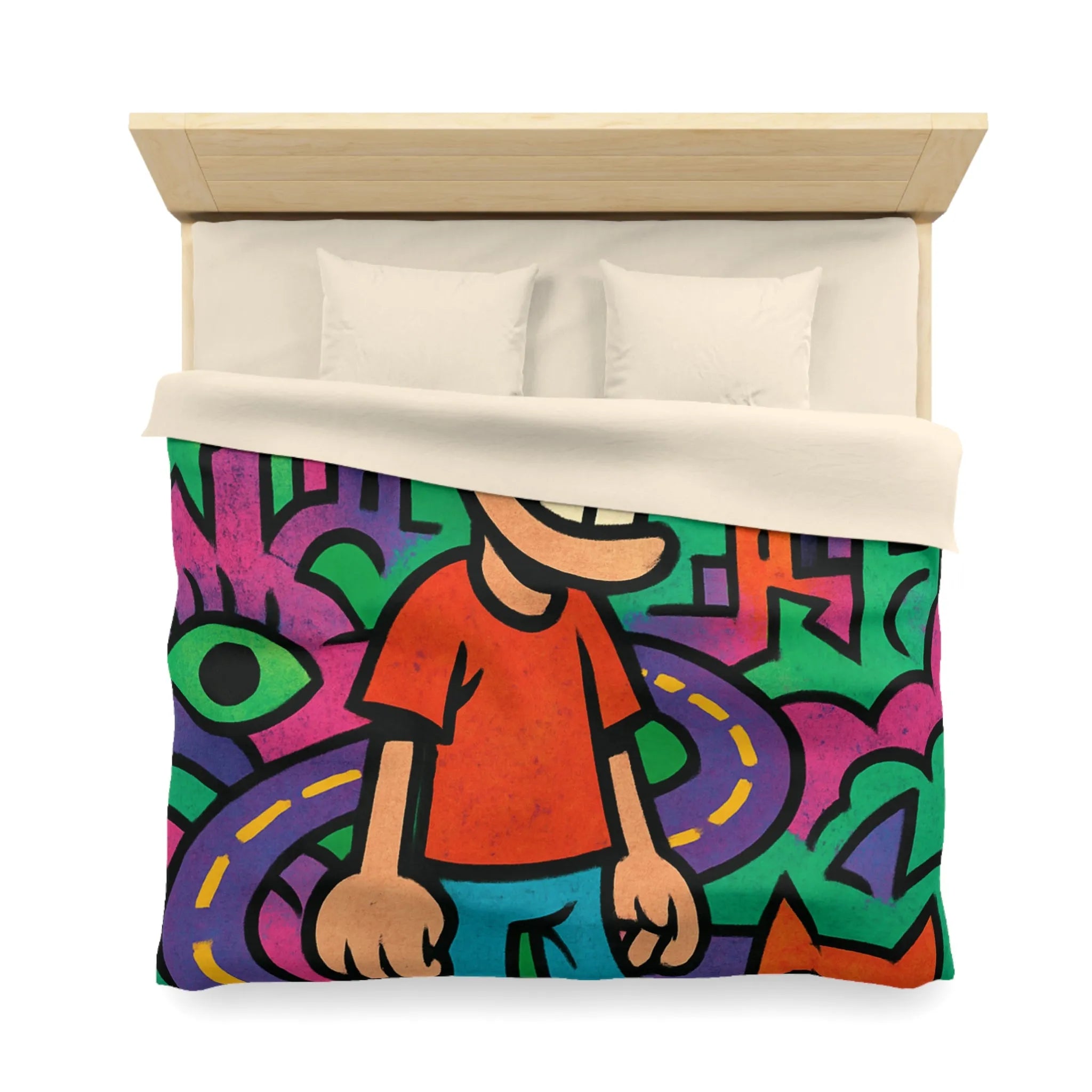 Housse de couette colorée motifs urbains et dessins animés, style pop art dynamique