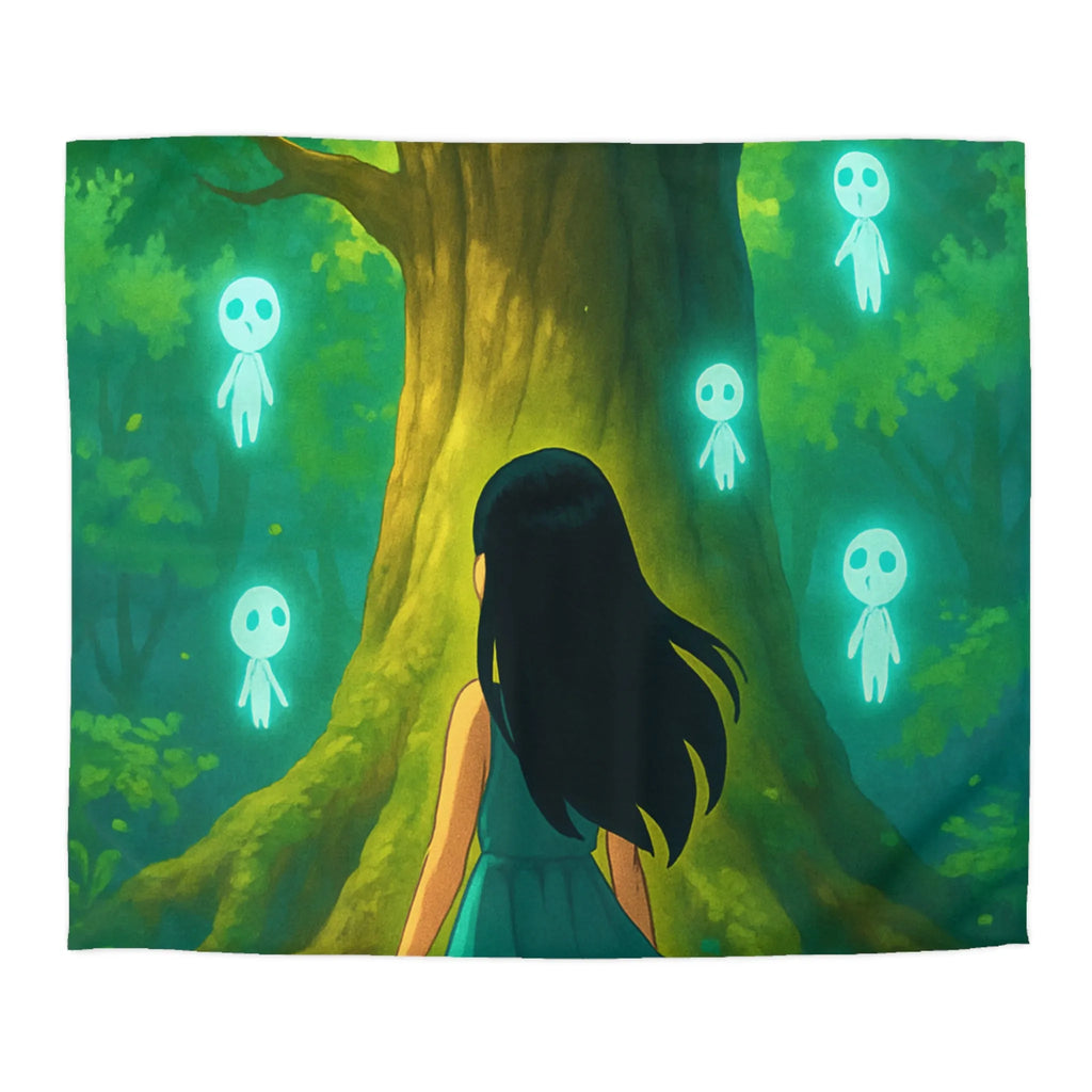 Housse de couette forêt mystique avec fille et esprits lumineux style onirique enchanteur