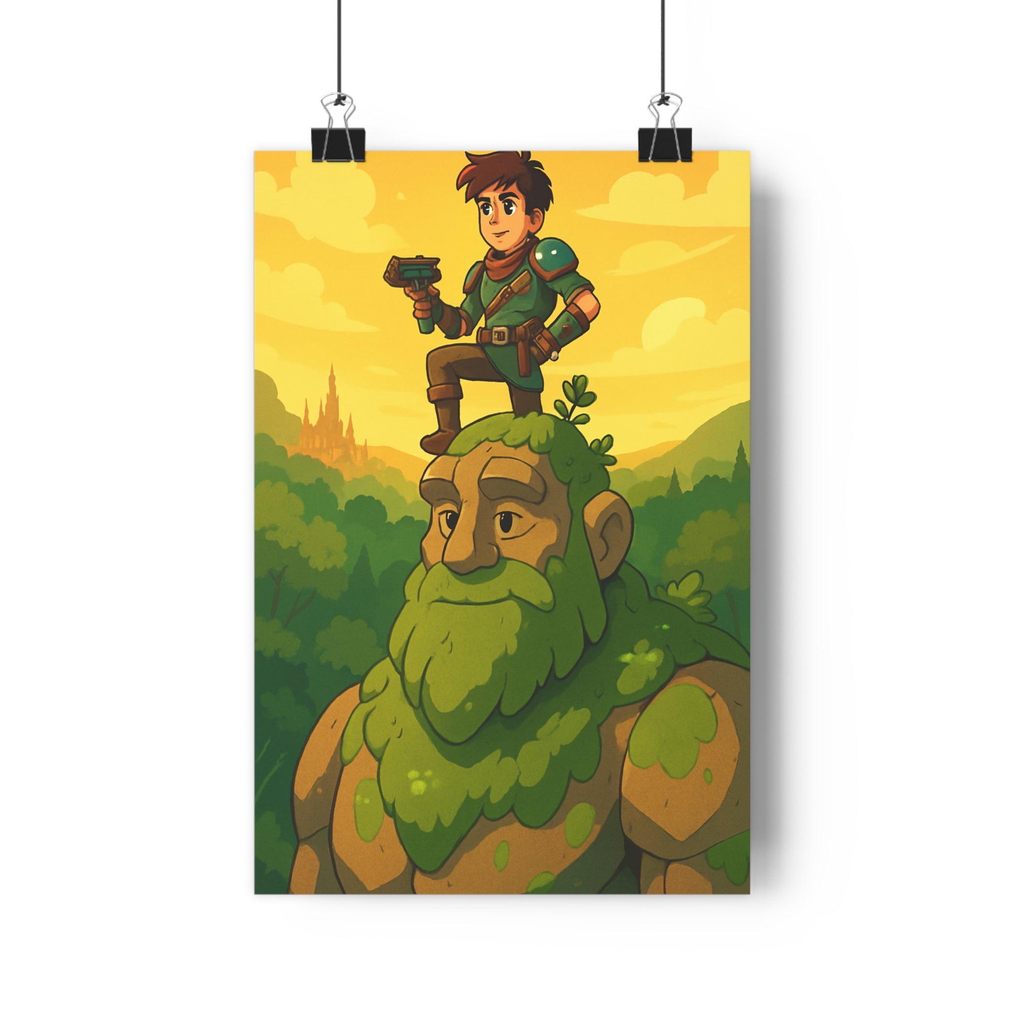 Poster décoratif aventure anime fantasy épique nature mousse vert jaune château chambre salon qualité