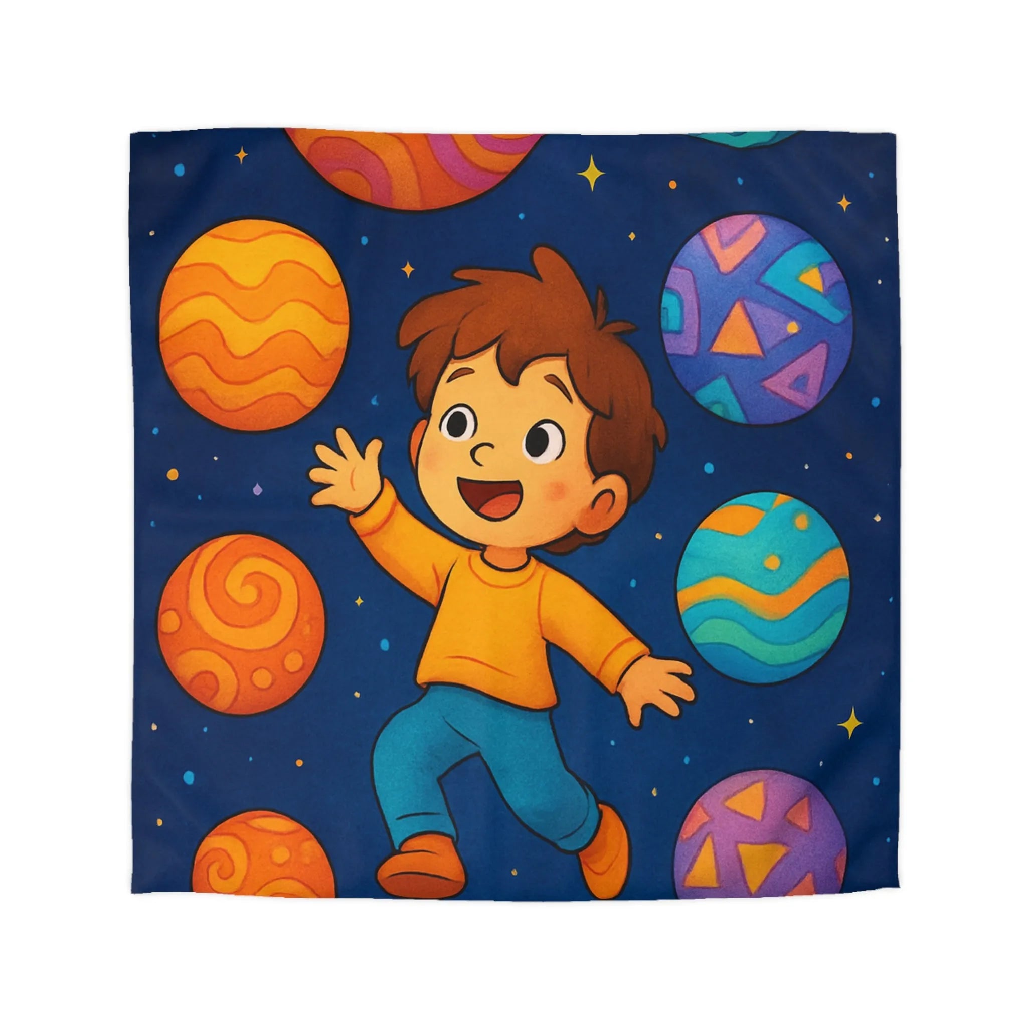 Housse de couette enfant planète colorée avec garçon dans l'espace étoilé vibrant