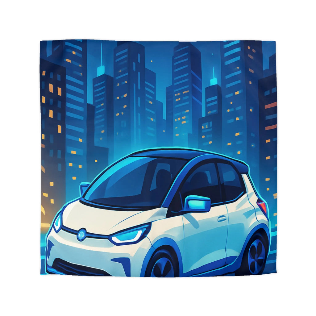 Douce Housse de Couette Bleu Nuit avec Voiture Futuriste et Skyline Lumineuse