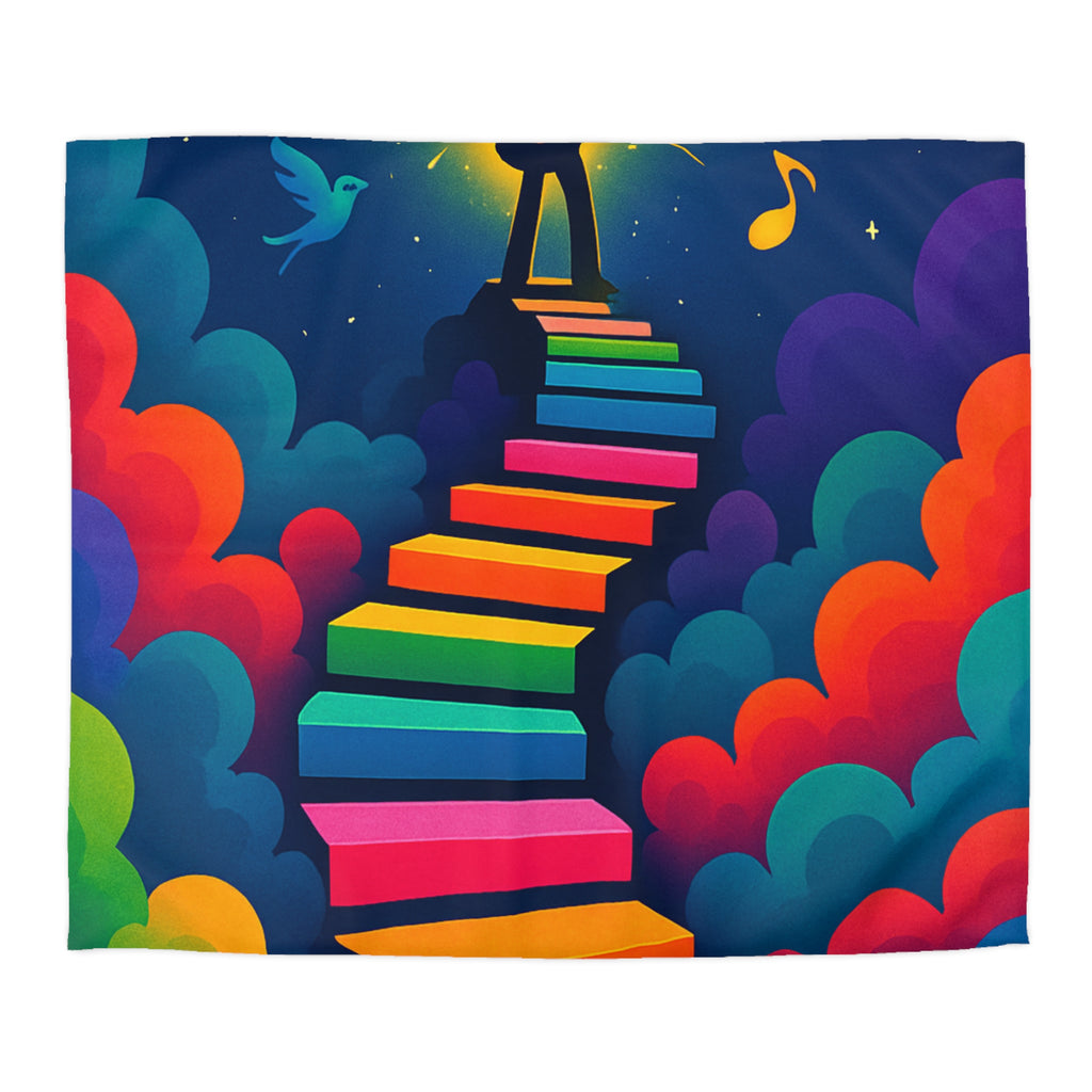 Housse de Couette Rêve d'Escalier Arc-en-Ciel avec Musicien et Oiseaux Colorés