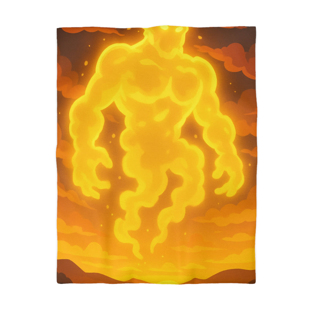 Vision onirique d'un géant flamboyant illuminant un paysage crépusculaire surréaliste en jaune