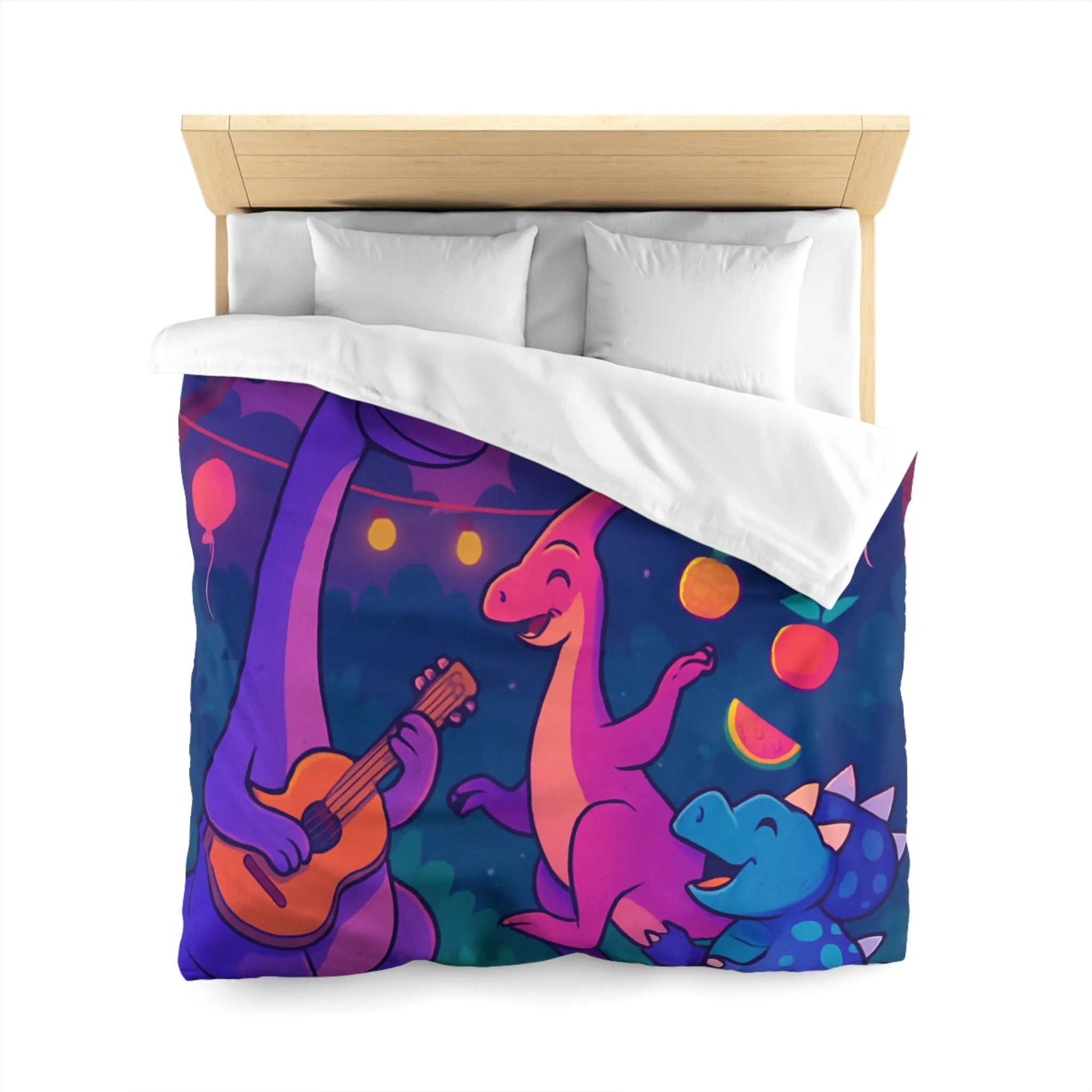 Housse de couette enfants avec dinosaures joyeux et ballons colorés pour chambre ludique