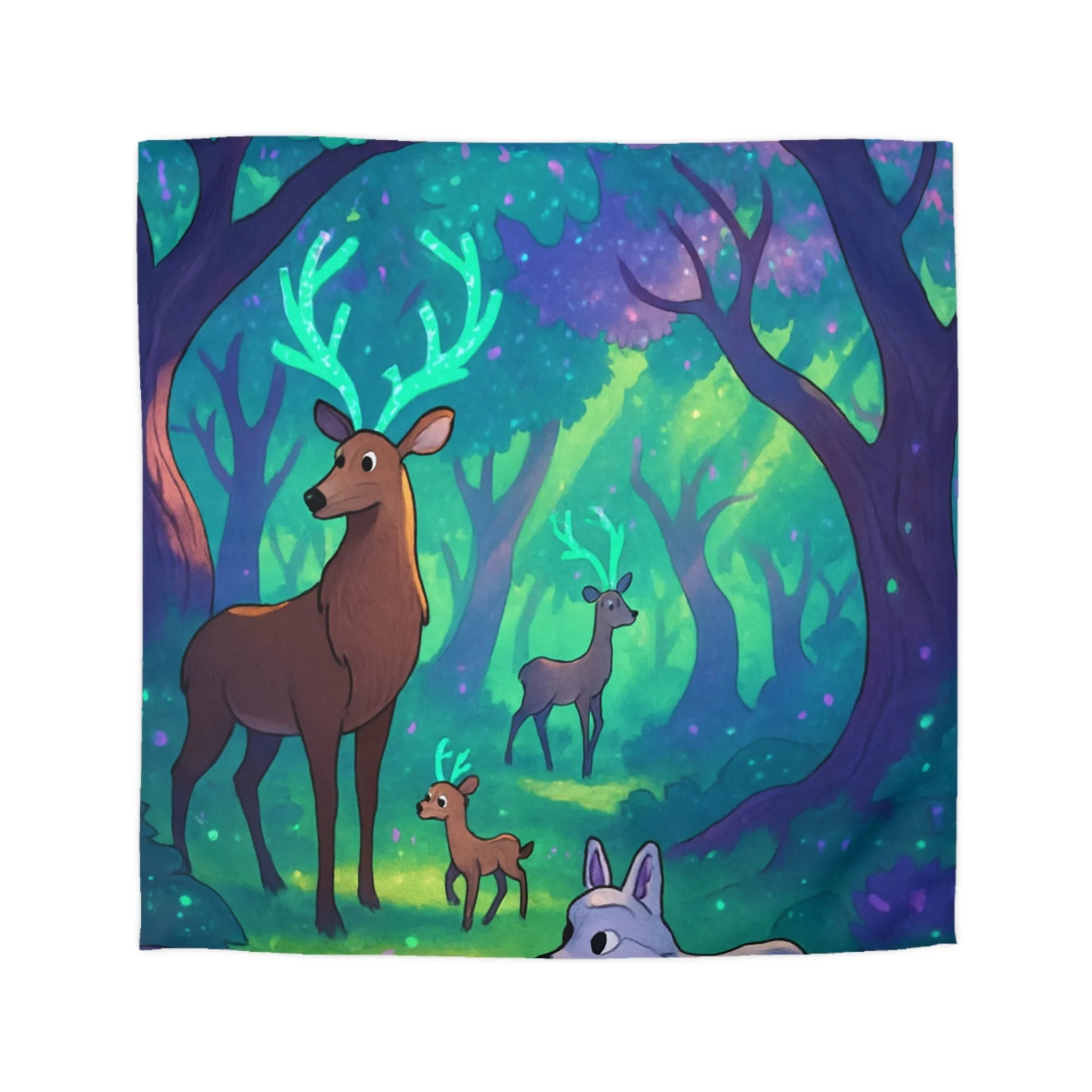 Housse de Couette Forêt Enchantée avec Cerfs Luminescents et Renard Magique Pour Enfants