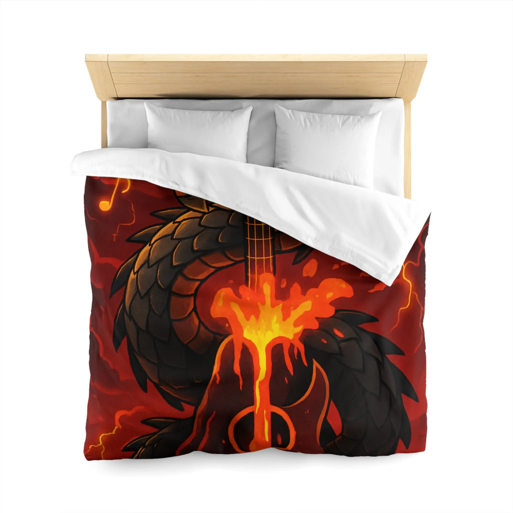 Housse de couette avec dragon noir majestueux et flammes incandescentes, ambiance épique