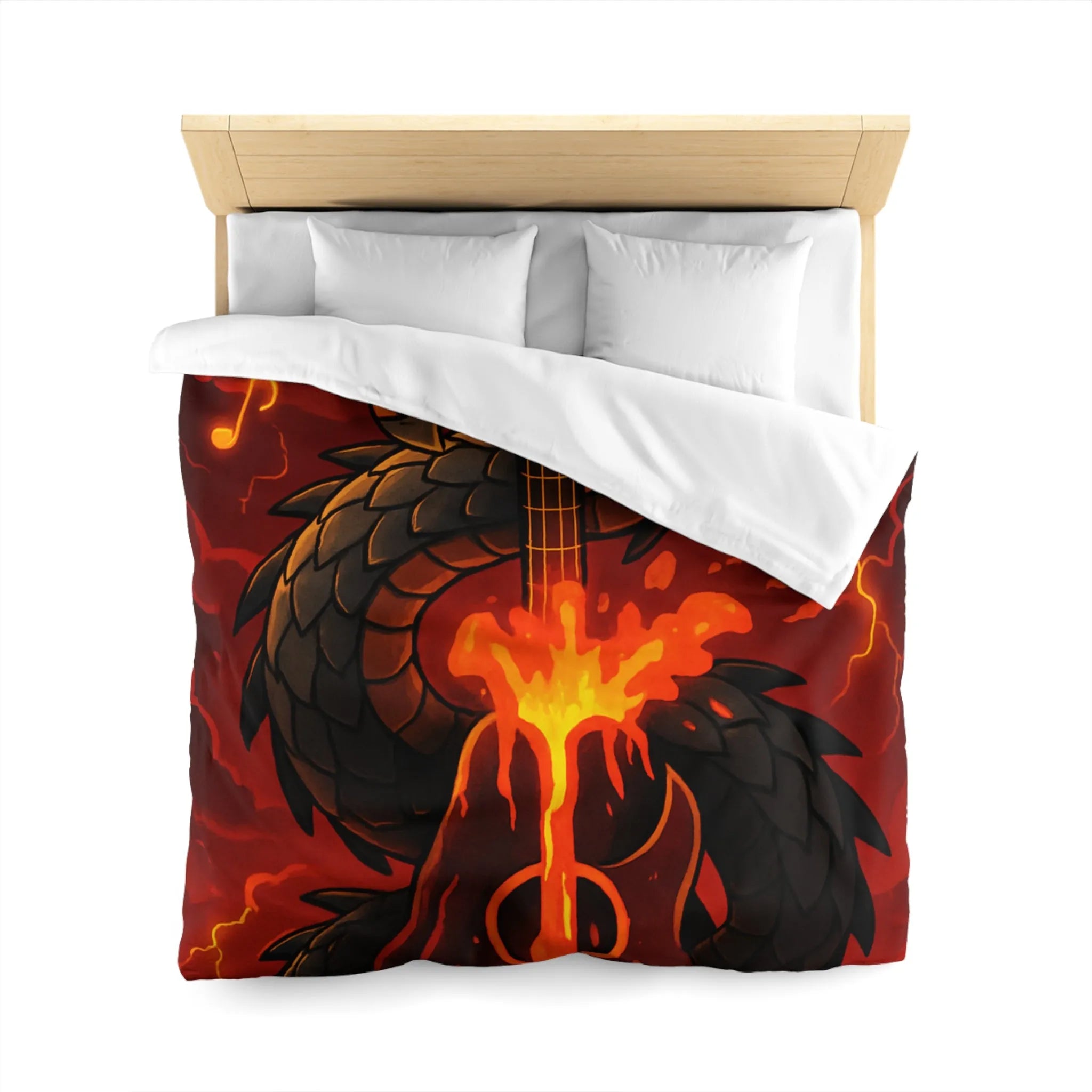 Housse de couette avec dragon noir majestueux et flammes incandescentes, ambiance épique