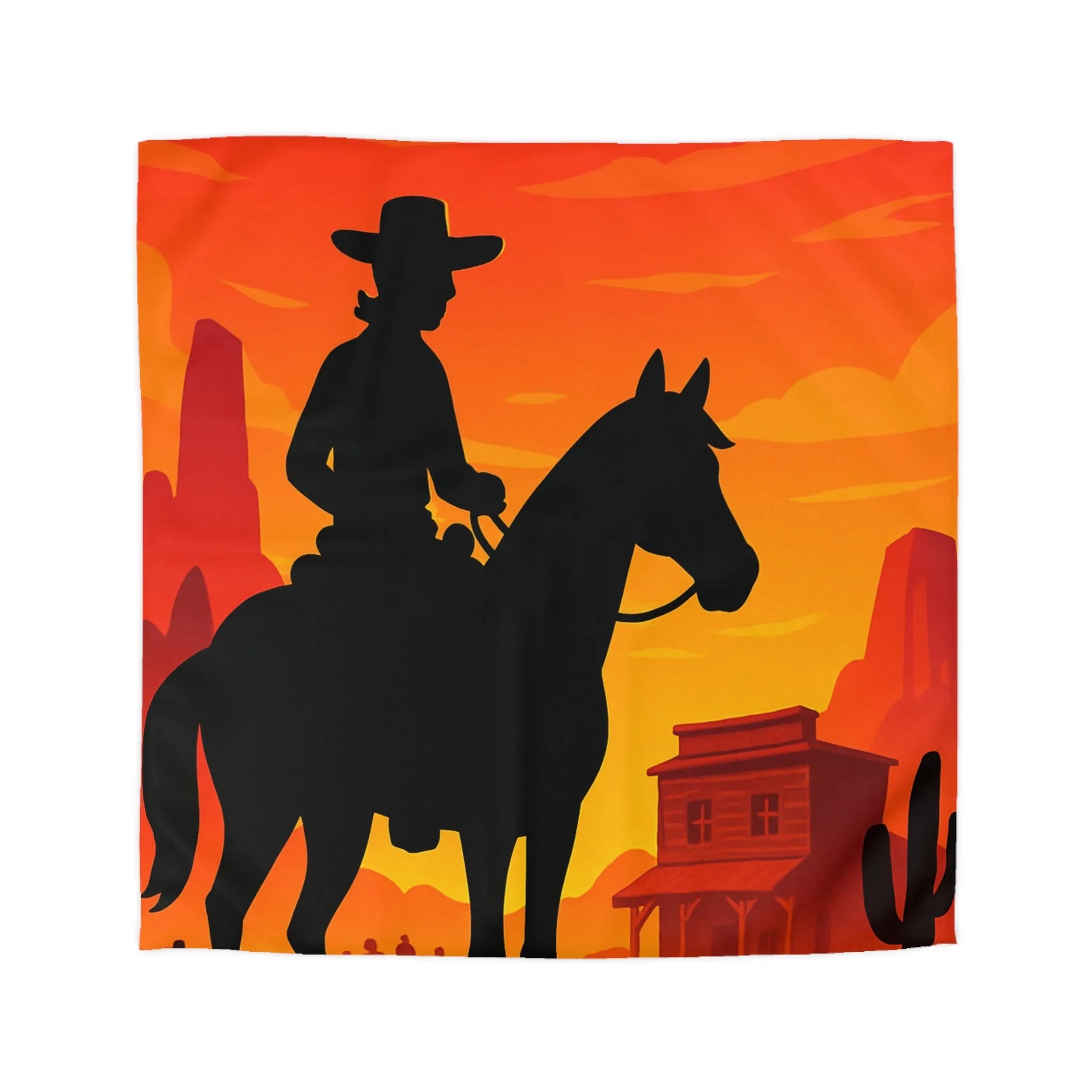 Housse de couette Far West cavalier cheval silhouette coucher de soleil scène désertique